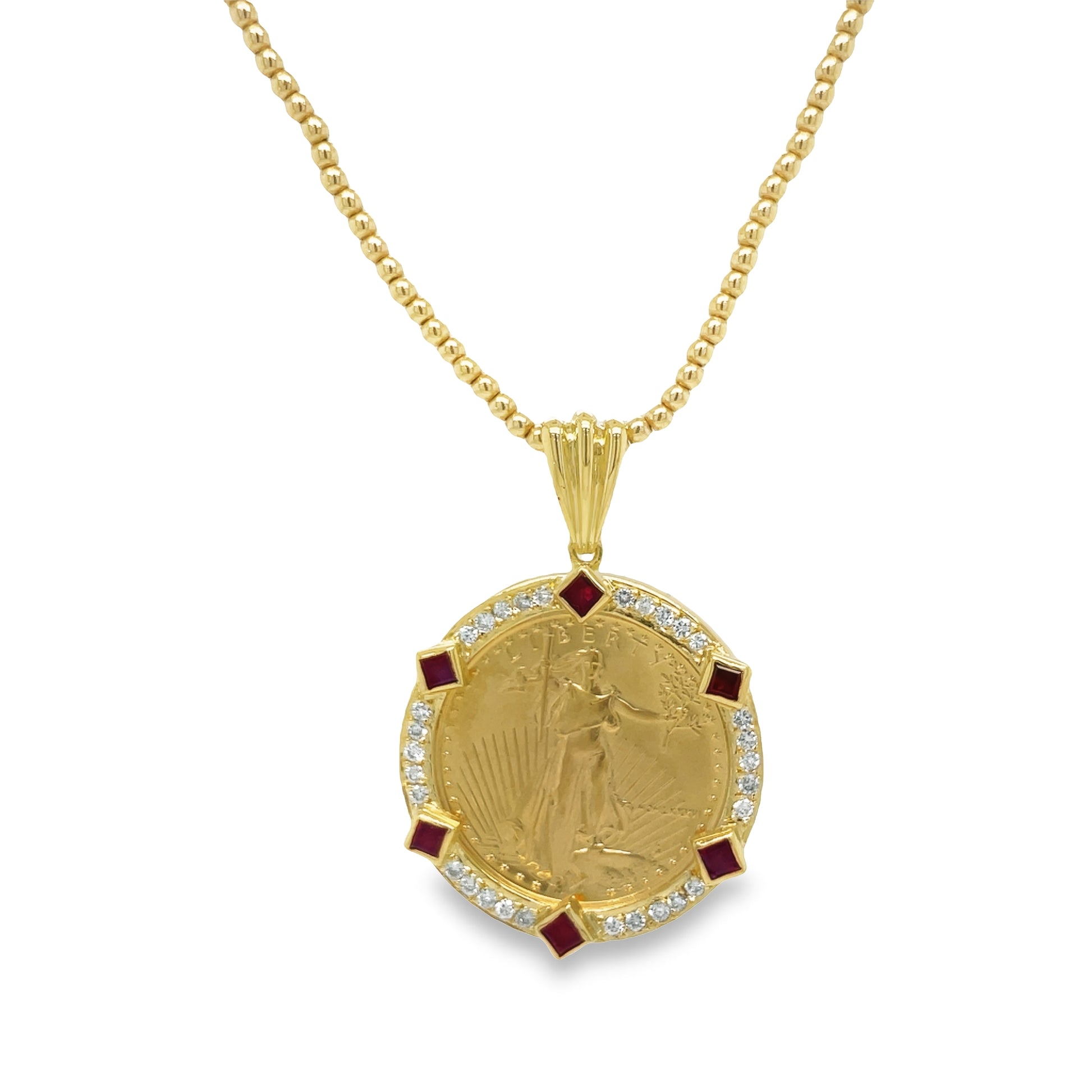 1/4 oz American Eagle Encased in a Diamond & Ruby Bezel Frame Front view 