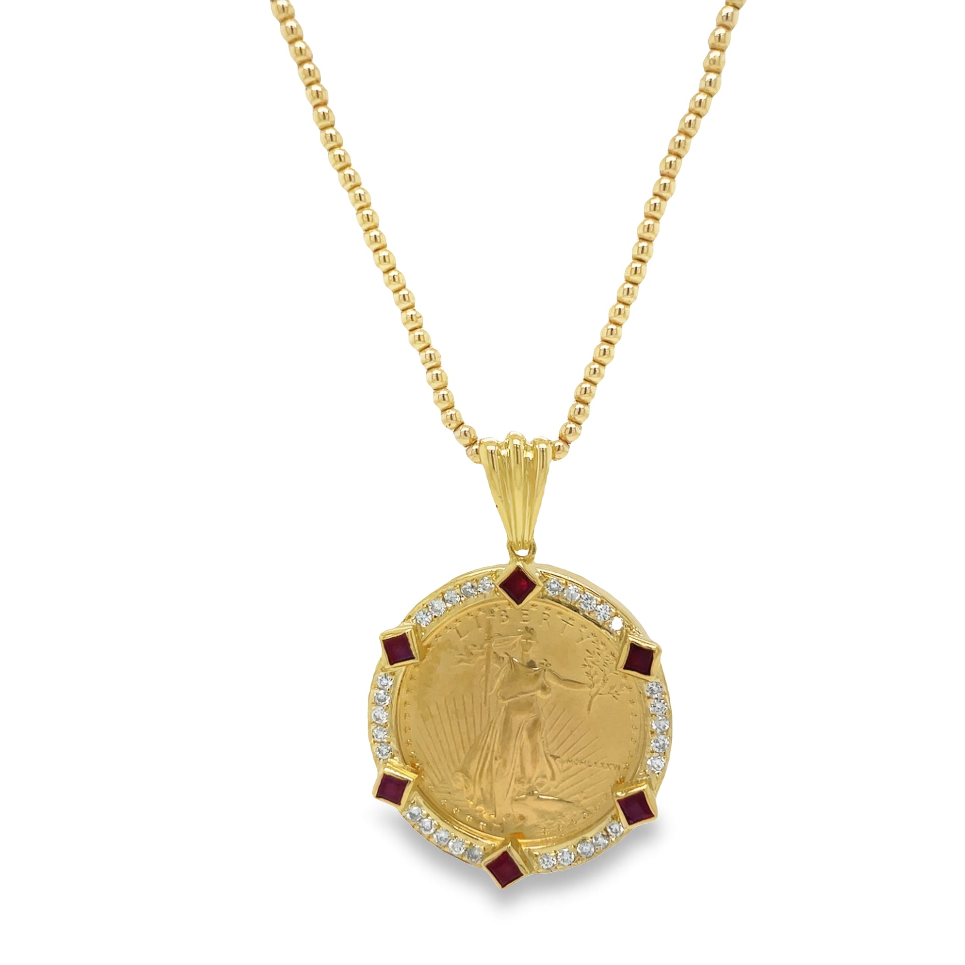 1/4 oz American Eagle Encased in a Diamond & Ruby Bezel Frame Front view 