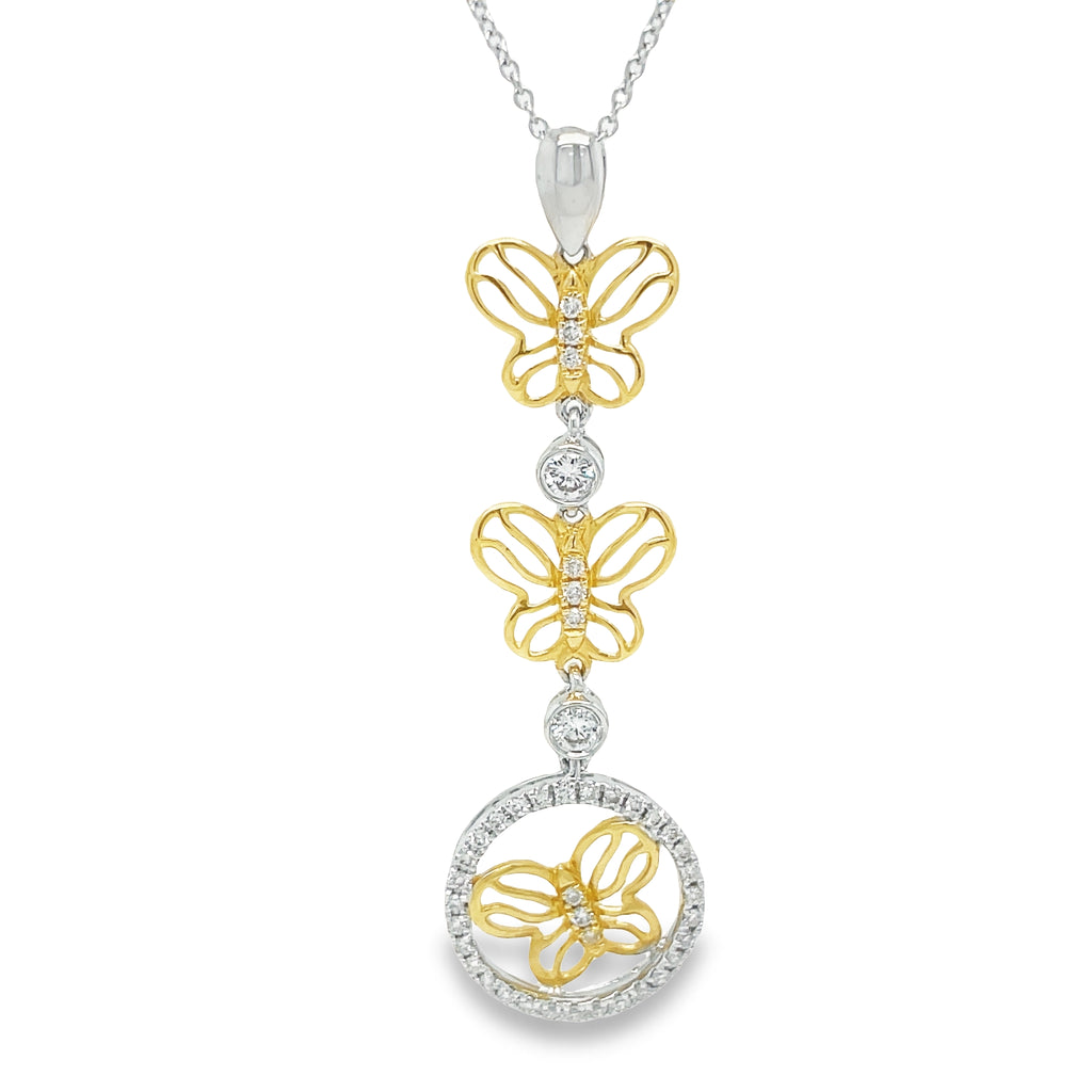 Be the envy of any room with this stylish Diamond Three Butterfly Two Tone Pendant Necklace. Crafted from 18k gold and featuring 10.00 mm butterflies and round diamonds totaling 0.35 cts, it will adorn you with elegance and distinction. Show off your unique style with this 2" pendant!