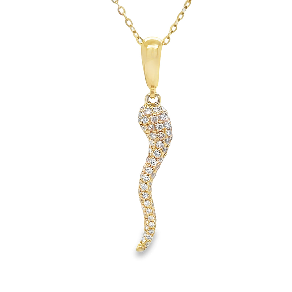 Bring good luck and luxury to your style with the Cornicello Horn Diamond Pendant Necklace. Crafted in 14k yellow gold, this 1" long horn symbolizes good fortune while the 0.23 cts of round diamonds add a touch of sparkle. Optional 18" chain available for $180.00. Elevate your look and mood today!