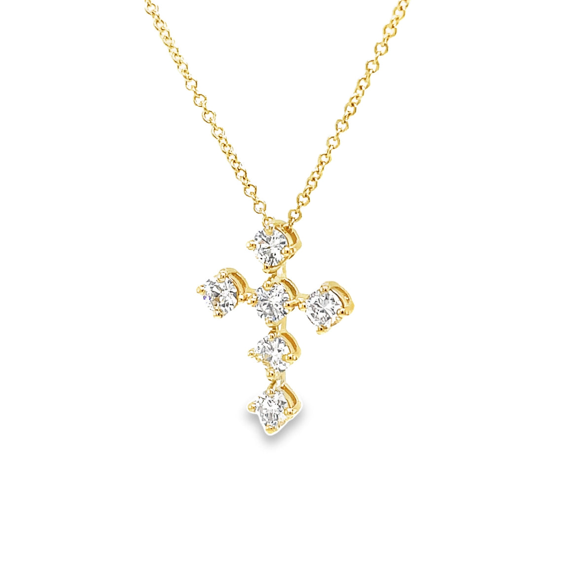 Classic Share Prong Diamond Cross Pendant Necklace Yellow Gold Side view