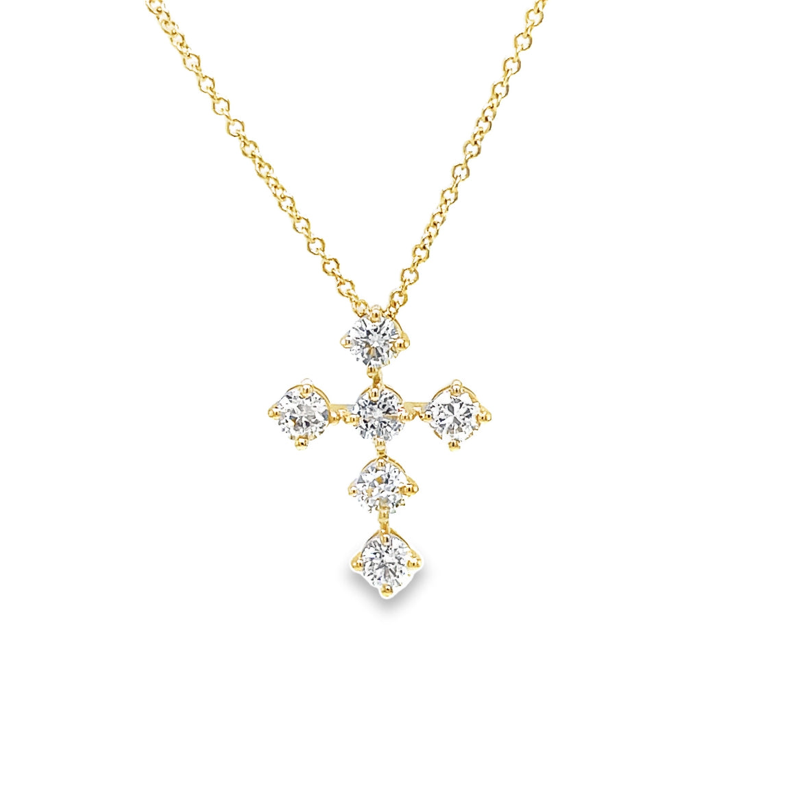 Classic Share Prong Diamond Cross Pendant Necklace Yellow Gold Front view