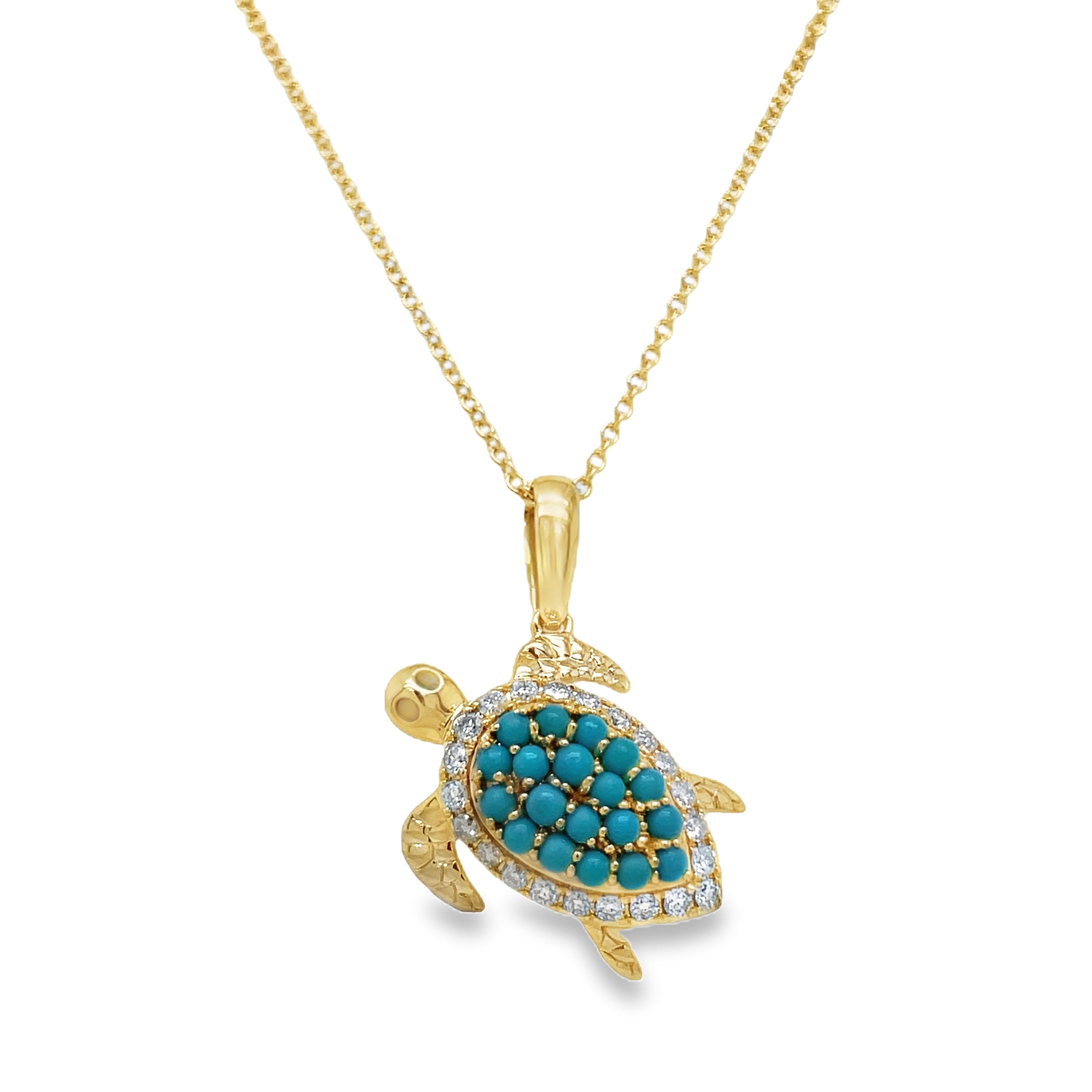 Indulge in luxury with our Diamond &amp; Turquoise Turtle Pendant Necklace. Crafted with 14k yellow gold and adorned with round turquoise and sparkling round diamonds totaling 0.54 cts, this necklace exudes elegance. The intricate gold bail adds a touch of sophistication to this unique piece. Elevate your style with this exclusive necklace. Chain optional $225