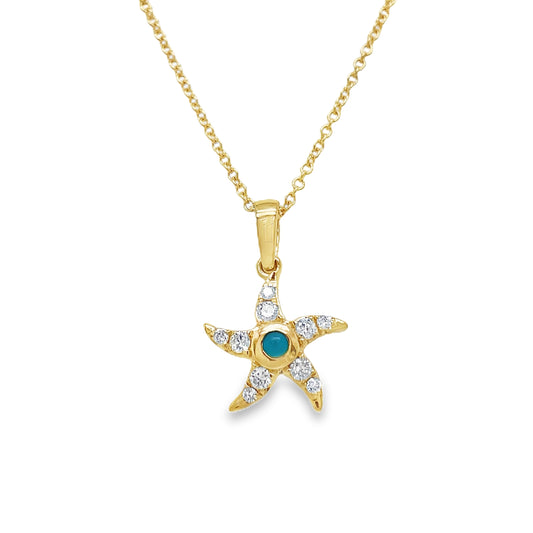 Diamond & Turquoise Starfish Pendant Necklace Front view 