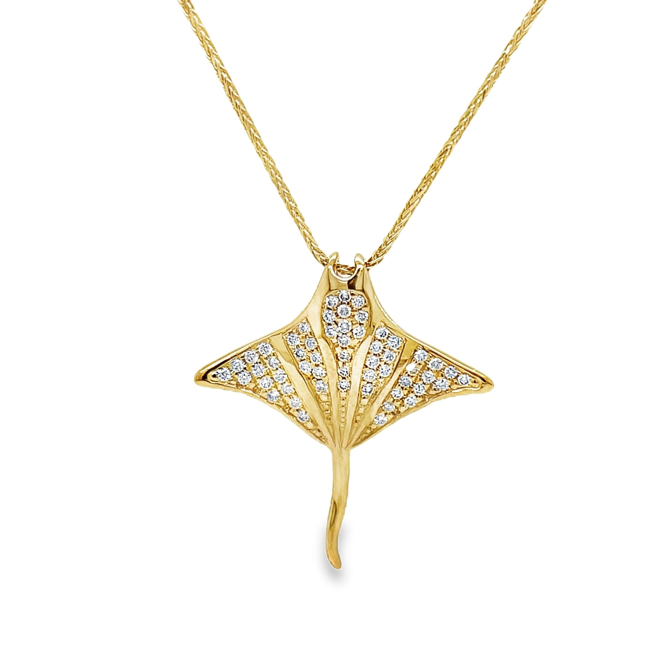 ndulge in the luxurious elegance of our Diamond Stingray Pendant Necklace. Crafted with 14k yellow gold and adorned with 0.22cts of round diamonds, this necklace exudes sophistication. The 22.00mm size adds a touch of exclusivity to this exquisite piece. Elevate your style with this stunning necklace.