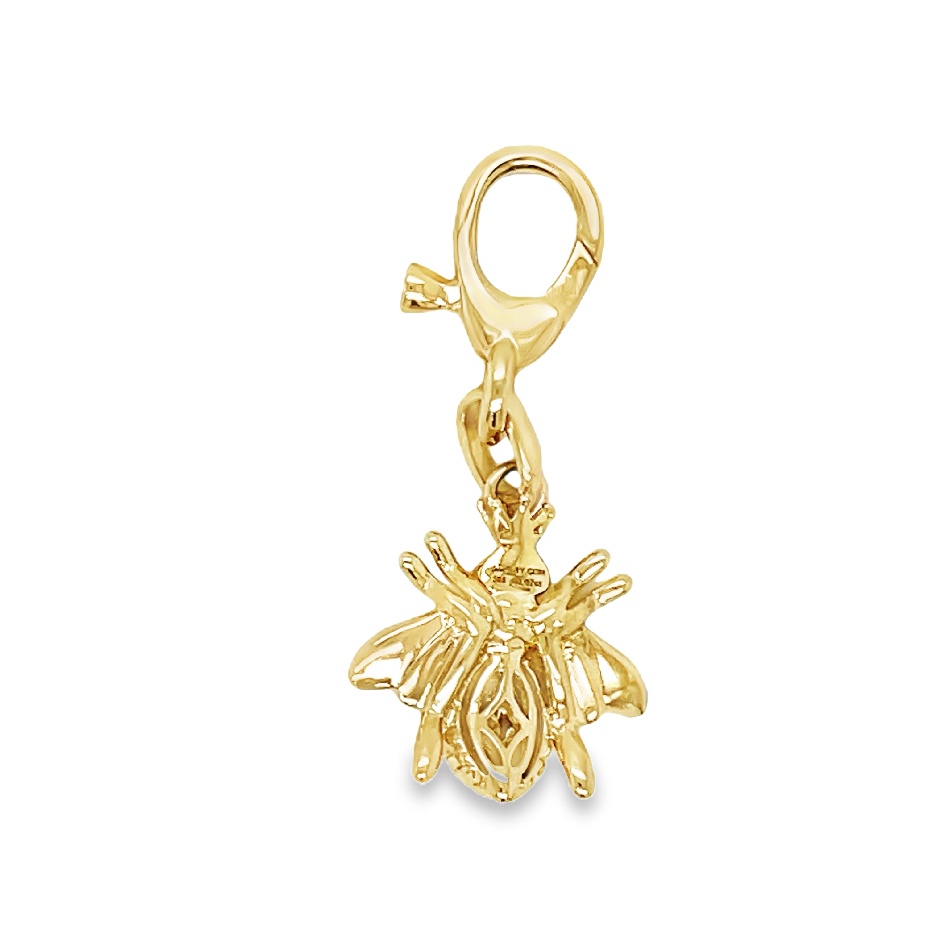 Indulge in luxury with our 14K Yellow Gold Diamond Bee Pendant. Adorned with a 0.07 carat round diamond, this 30.00 mm charm exudes elegance and sophistication. Complete with a deluxe diamond lobster clasp, it's easy to wear on any chain. Upgrade your style game with this timeless piece.