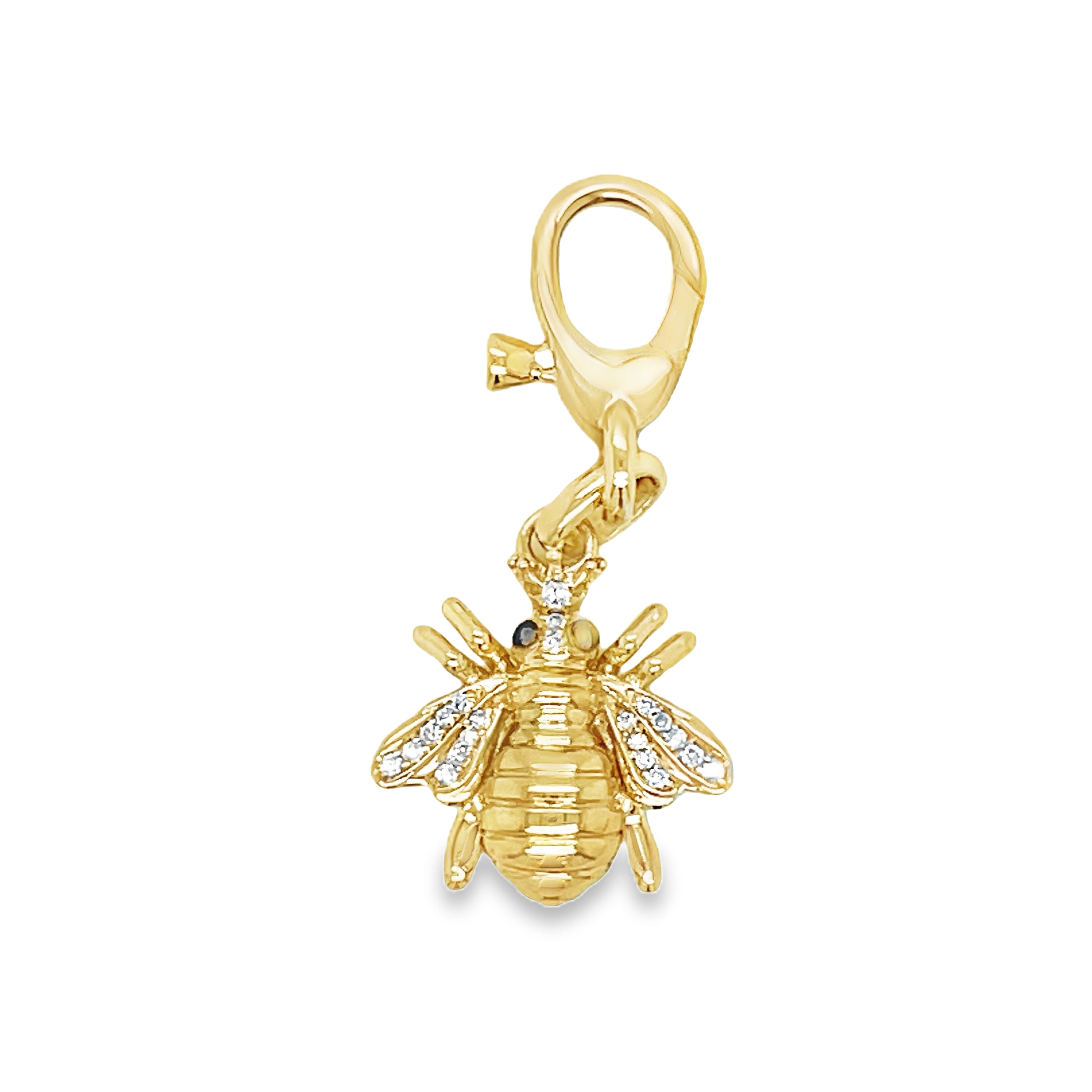 Indulge in luxury with our 14K Yellow Gold Diamond Bee Pendant. Adorned with a 0.07 carat round diamond, this 30.00 mm charm exudes elegance and sophistication. Complete with a deluxe diamond lobster clasp, it's easy to wear on any chain. Upgrade your style game with this timeless piece.