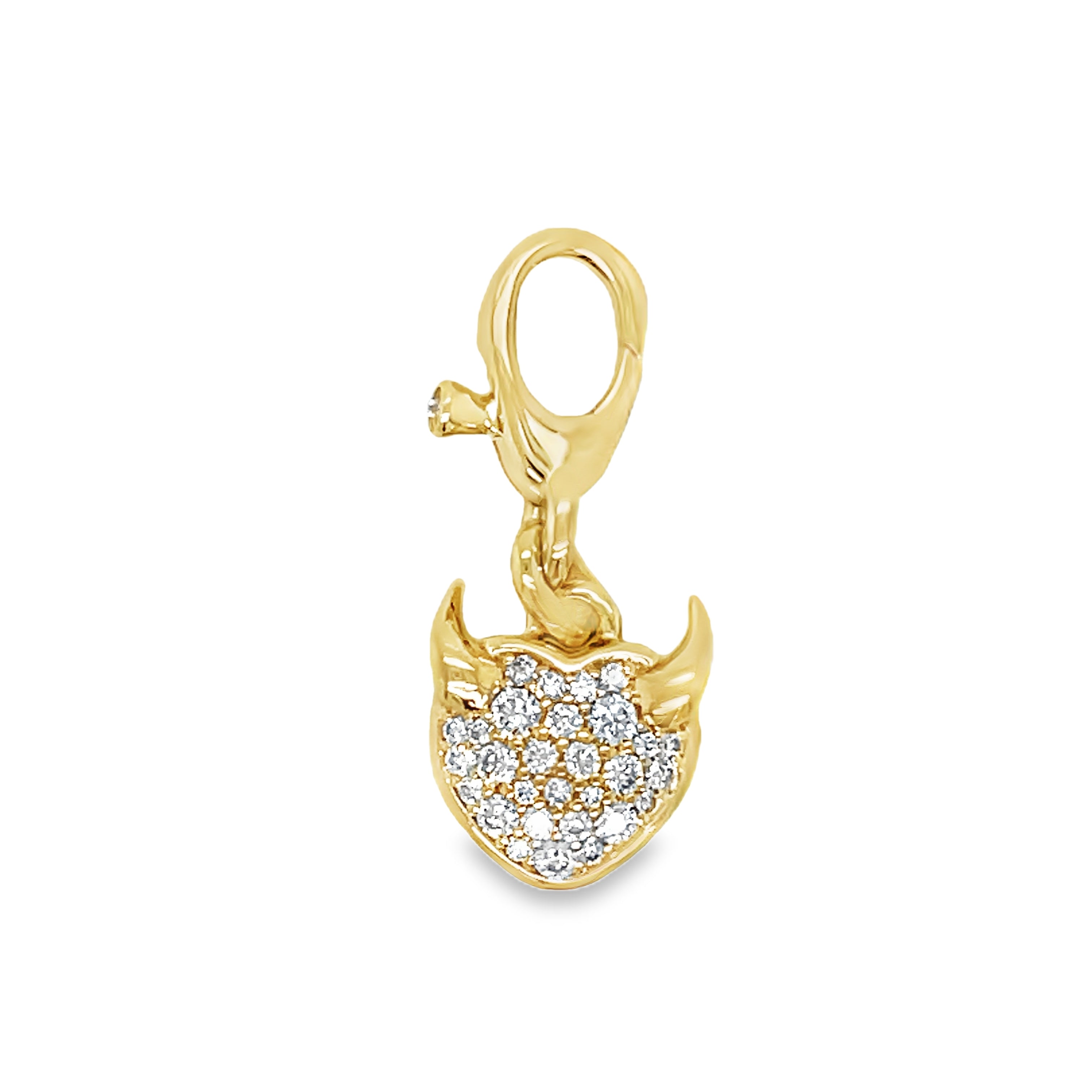 Elevate your style with our 14K Yellow Gold Diamond Little Devil Charm Pendant. This exclusive piece features a devil charm made of 14k yellow gold and encrusted with 0.33 cts of round diamonds. The deluxe diamond lobster clasp makes it easy to wear and adds a touch of luxury to any outfit.