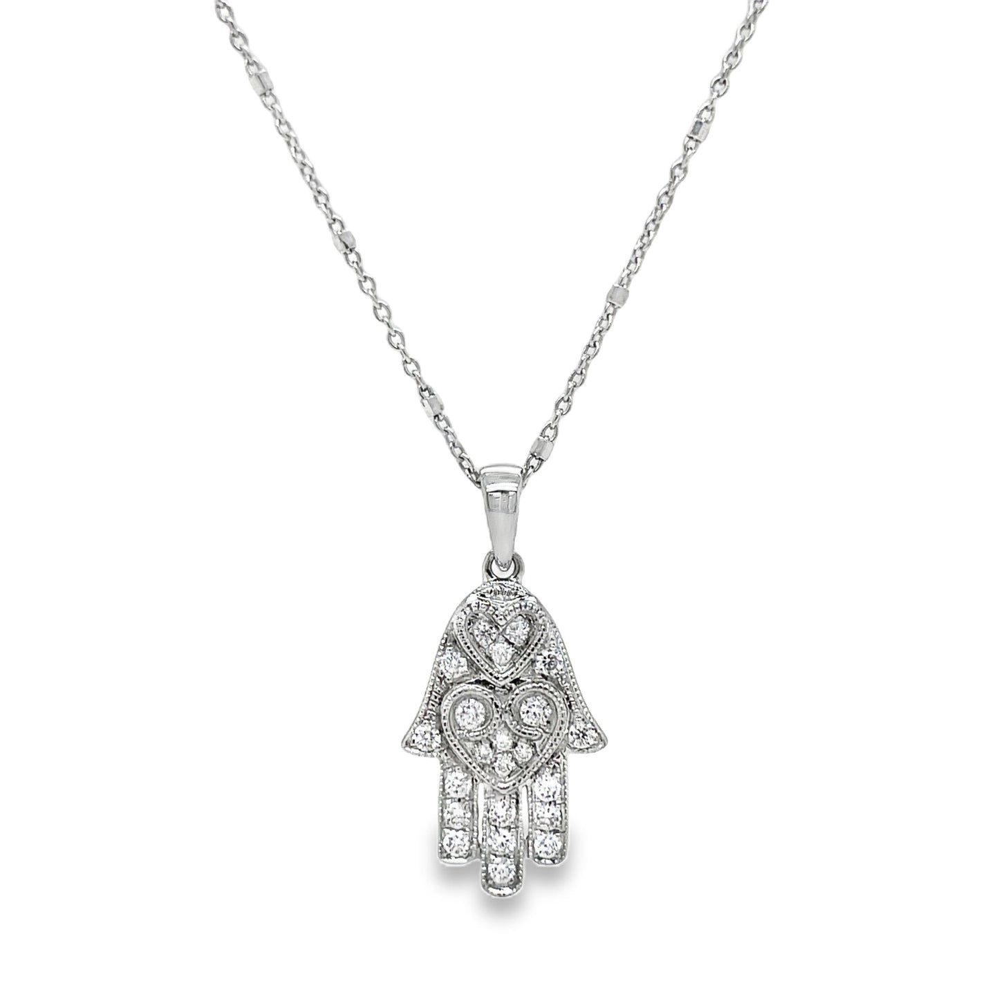 Dainty Hamsa Diamond Pendant White Gold Pendant Front view