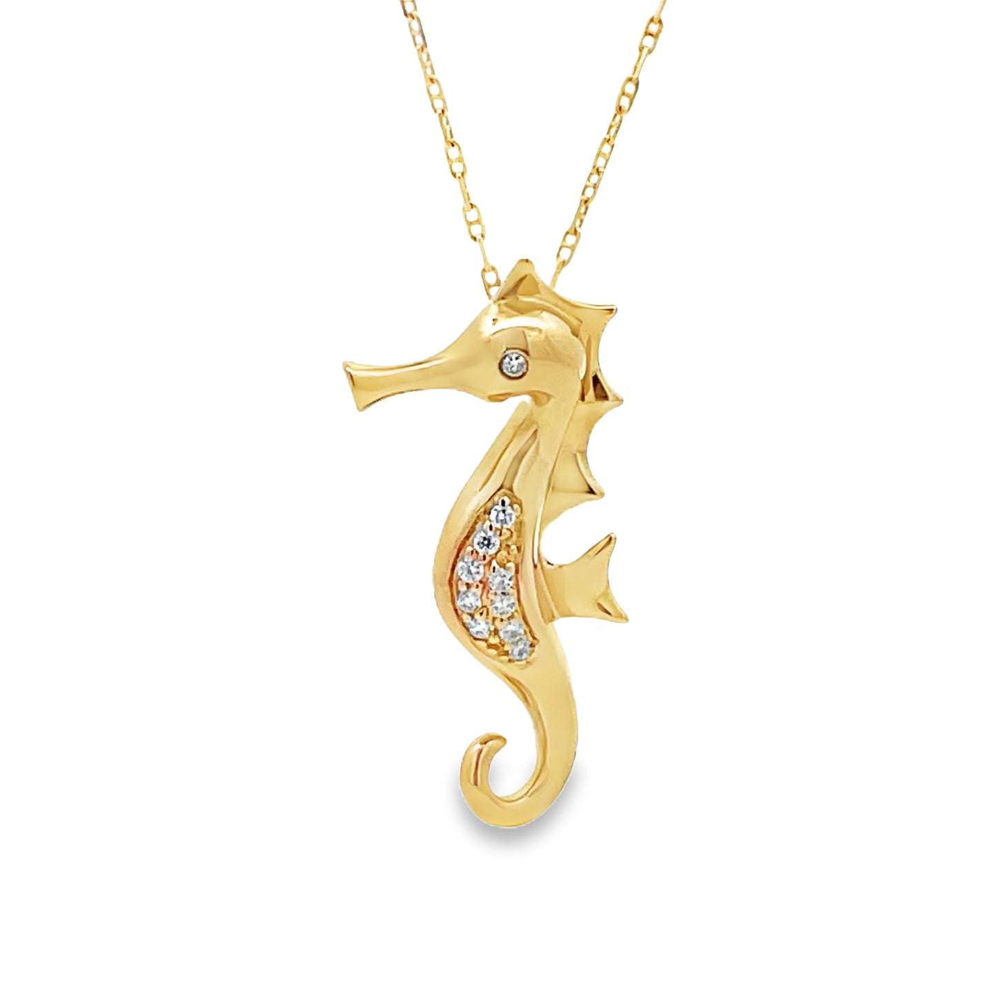 Front view of 14k Yellow Gold Diamond Seahorse Pendant Necklace