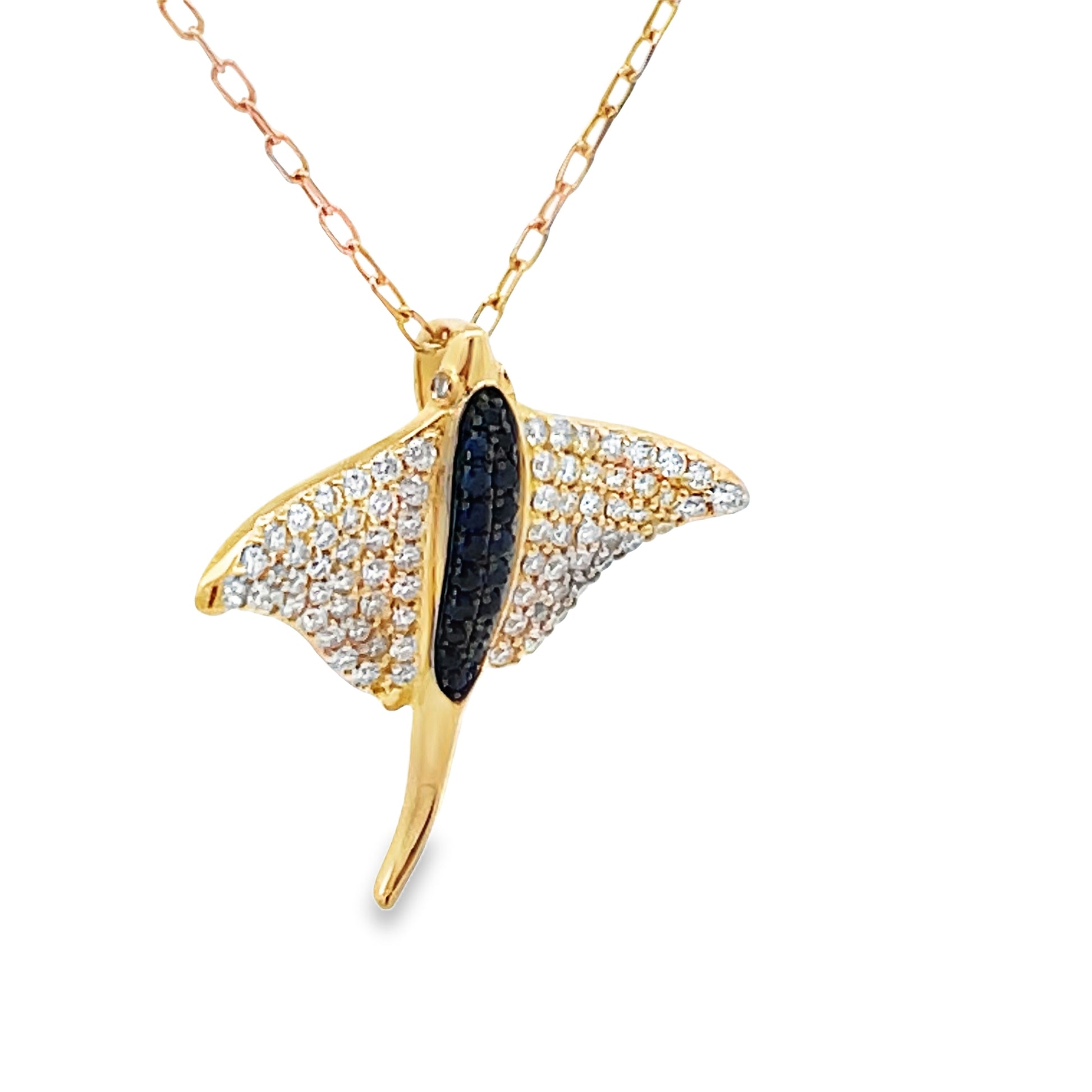 Side view of 14k Yellow Gold Sapphire and Diamond Stingray Pendant Necklace