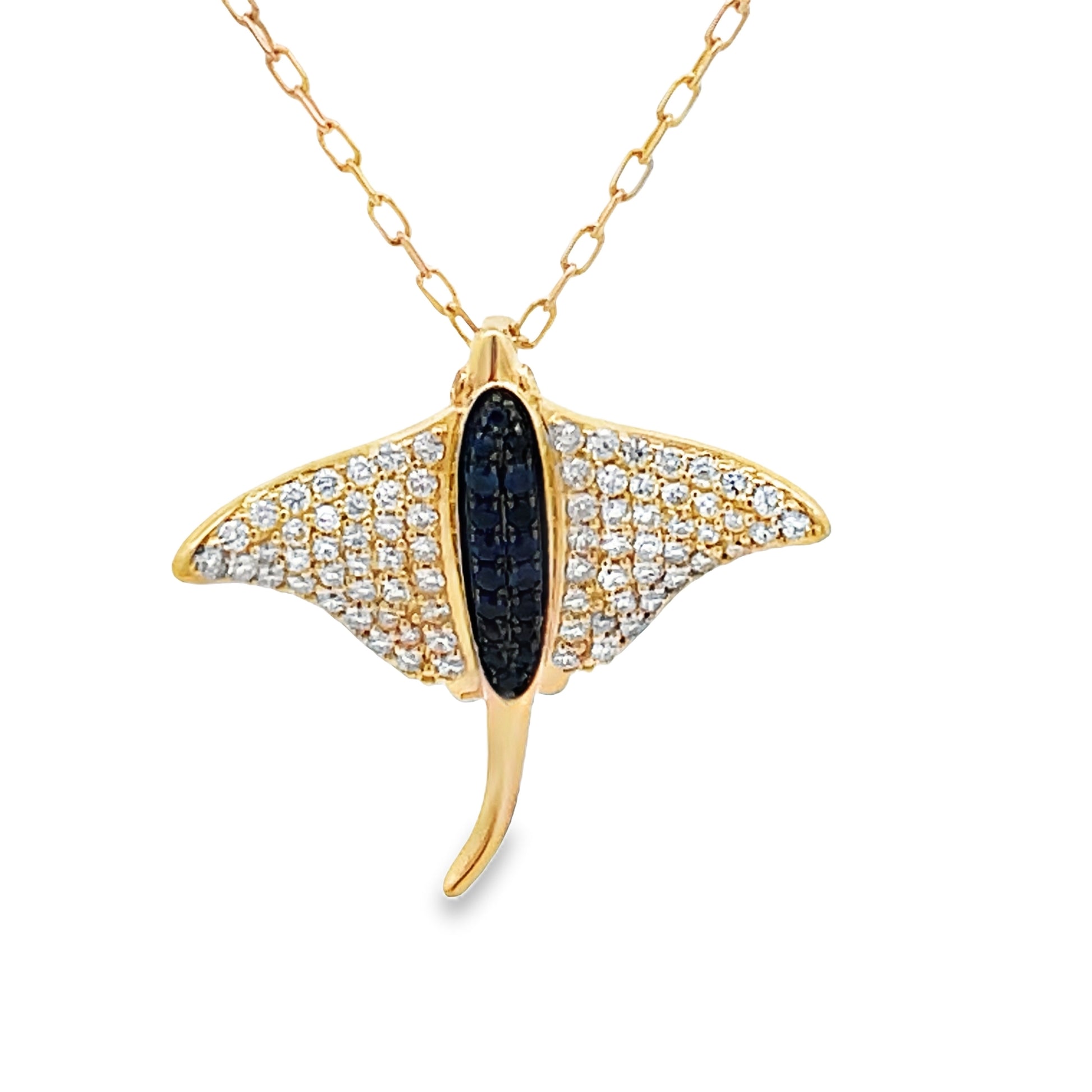 Front view of 14k Yellow Gold Sapphire and Diamond Stingray Pendant Necklace