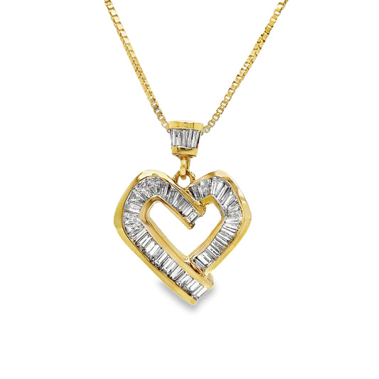 18K Yellow Gold Baguette Cut Diamond Heart Pendant Necklace Front view