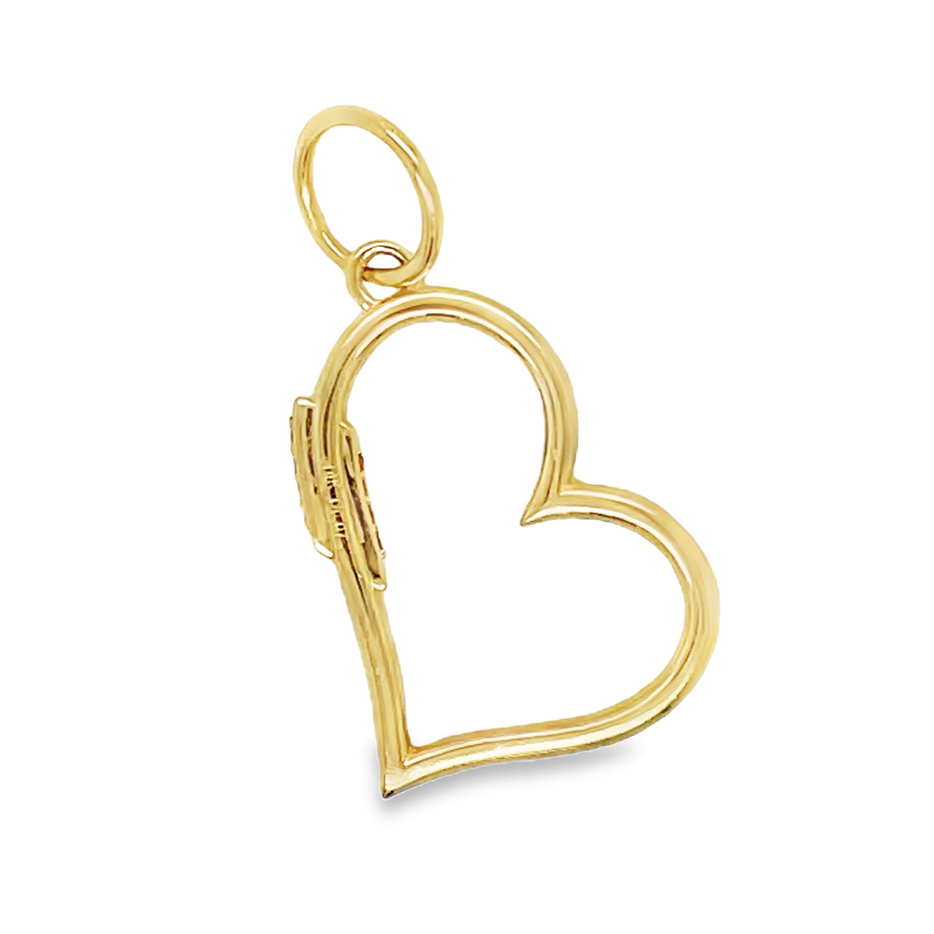 This 14k yellow gold heart pendant features intricate cutouts that add a touch of elegance to any outfit. Adorned with shimmering round diamonds, this pendant is the perfect accessory for those who appreciate sophisticated and exclusive jewelry. Embrace your inner luxury with this medium open heart pendant.