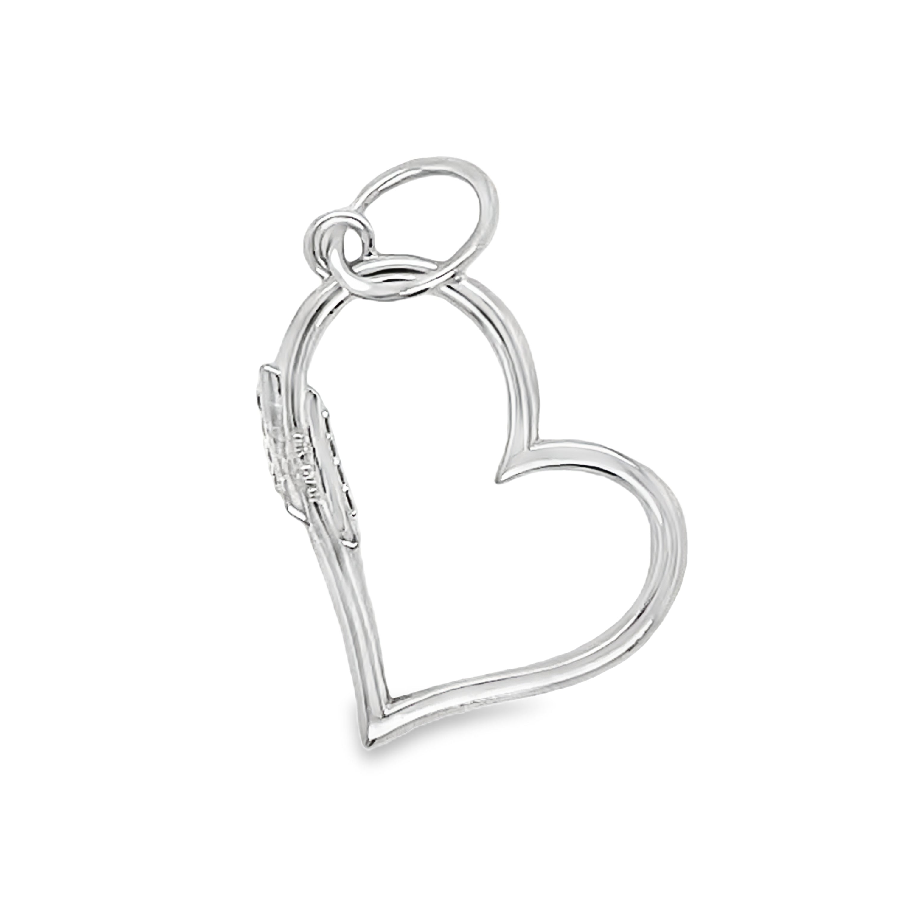 This 14k white gold heart pendant features intricate cutouts that add a touch of elegance to any outfit. Adorned with shimmering round diamonds, this pendant is the perfect accessory for those who appreciate sophisticated and exclusive jewelry. Embrace your inner luxury with this medium open heart pendant.