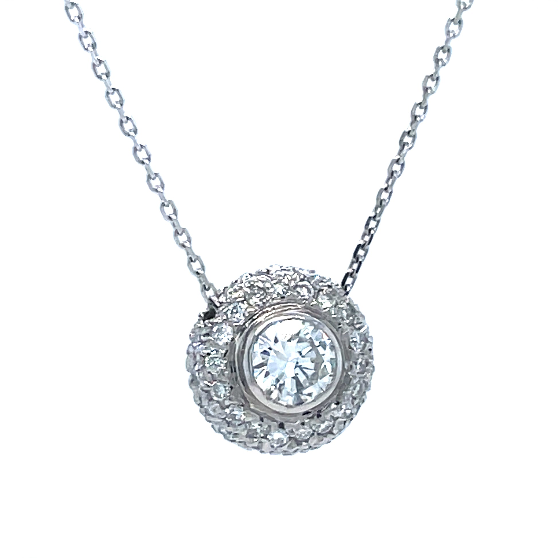 Round Diamond Solitaire Pendant Necklace 14k White Gold Pave Halo Side view 
