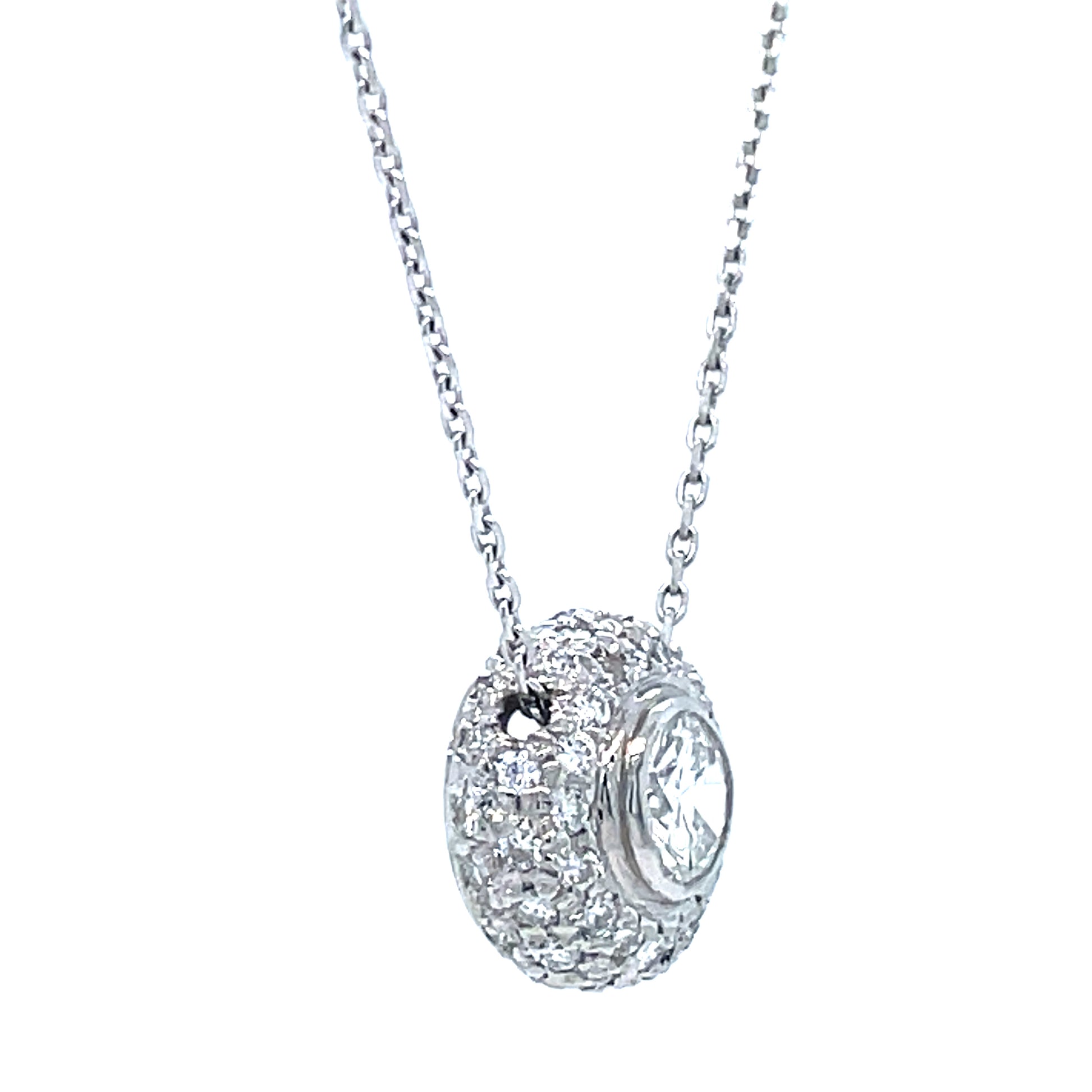 Round Diamond Solitaire Pendant Necklace 14k White Gold Pave Halo Profile View