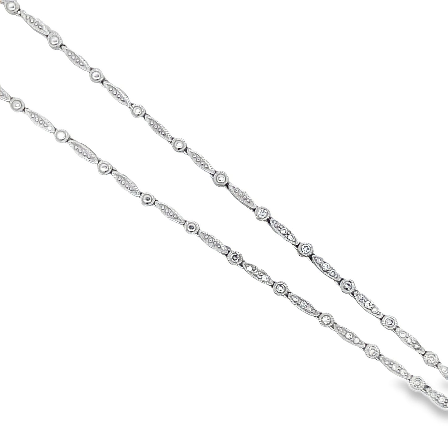 Top view of fastened Estate 18k White Gold Victorian Style Diamond and Sapphire Necklace