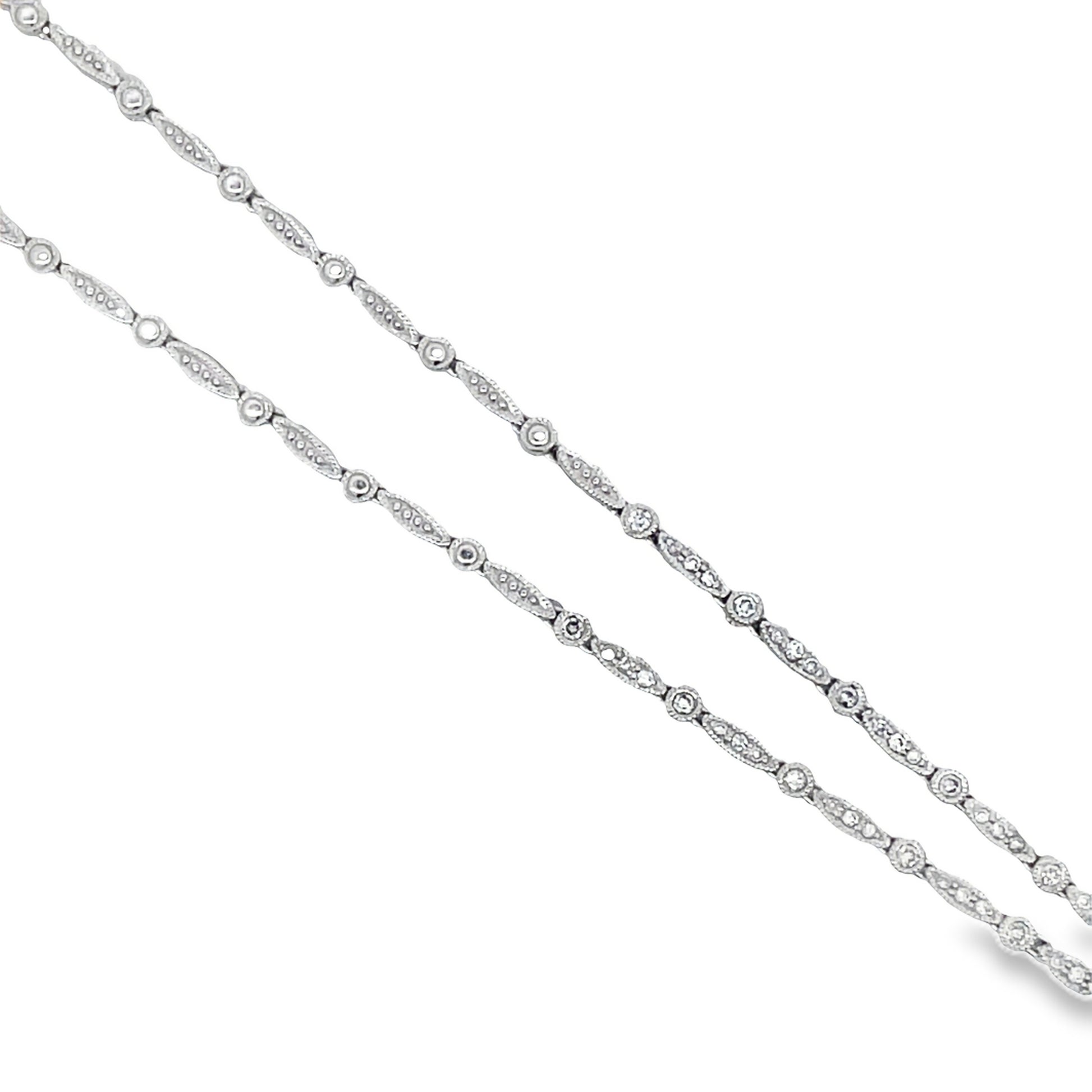 Top view of fastened Estate 18k White Gold Victorian Style Diamond and Sapphire Necklace