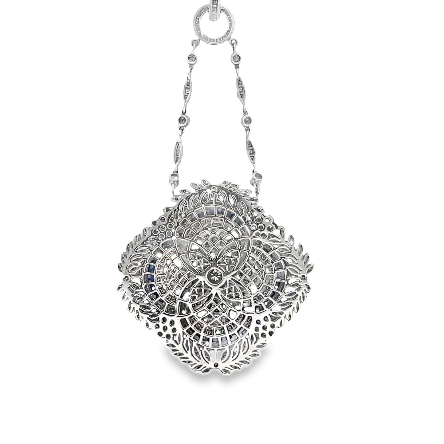 Back view of Estate 18k White Gold Victorian Style Diamond and Sapphire Necklace