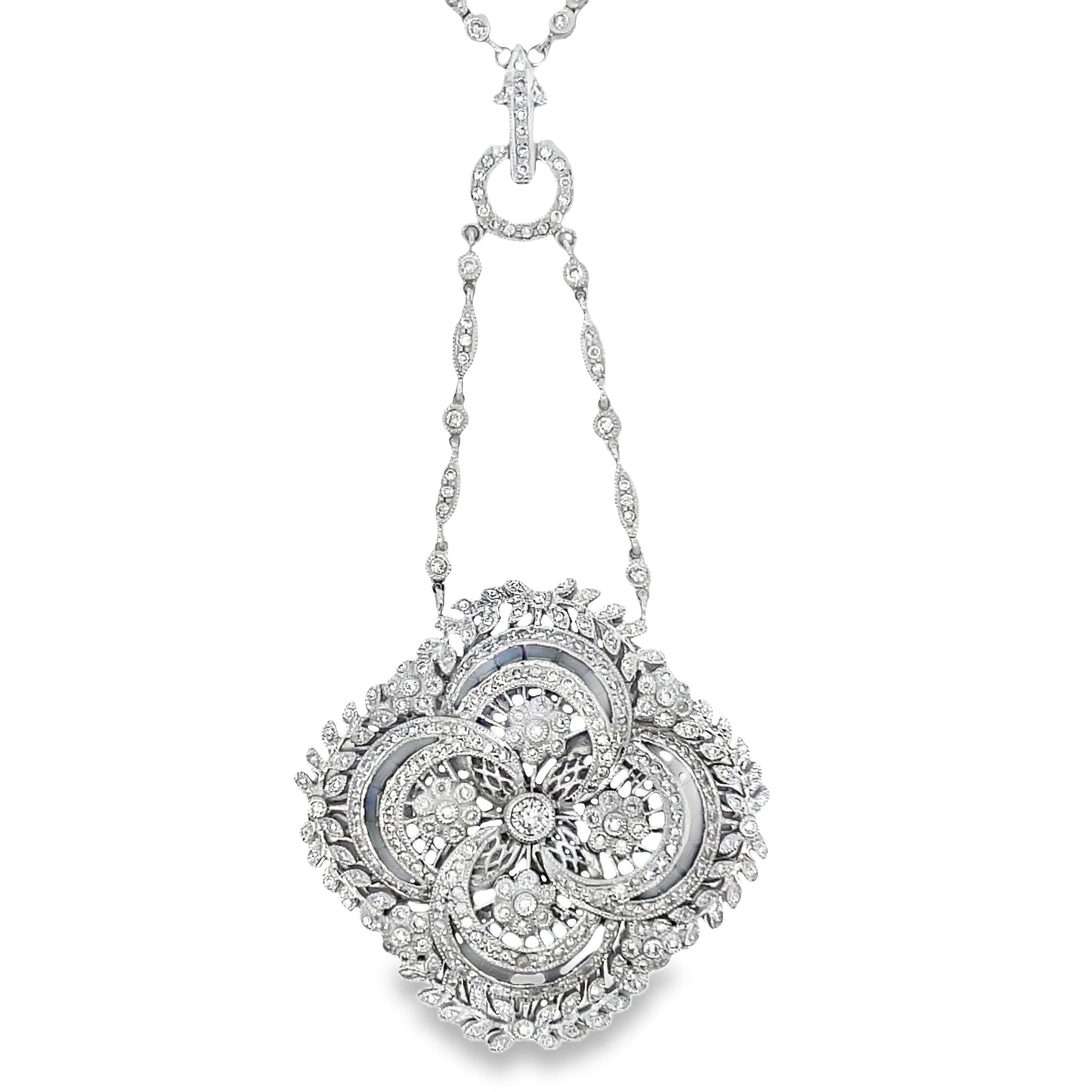 Front view of Estate 18k White Gold Victorian Style Diamond and Sapphire Necklace