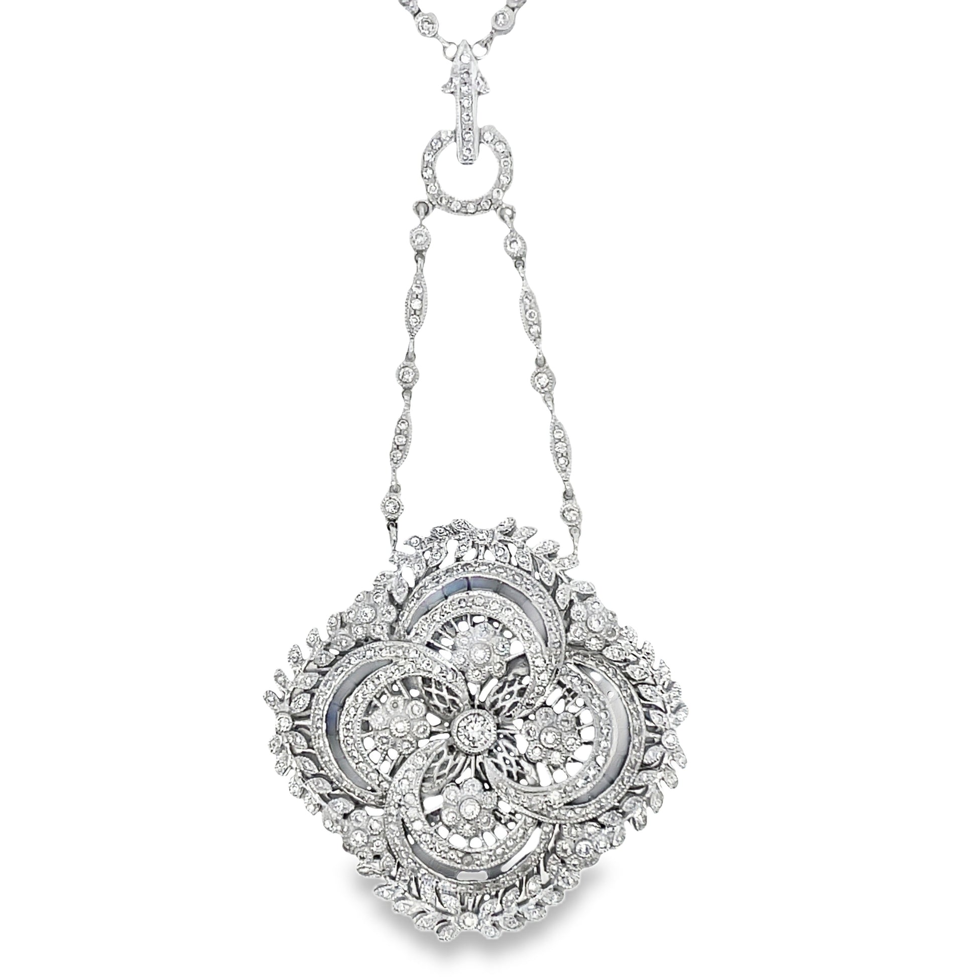 Front view of Estate 18k White Gold Victorian Style Diamond and Sapphire Necklace