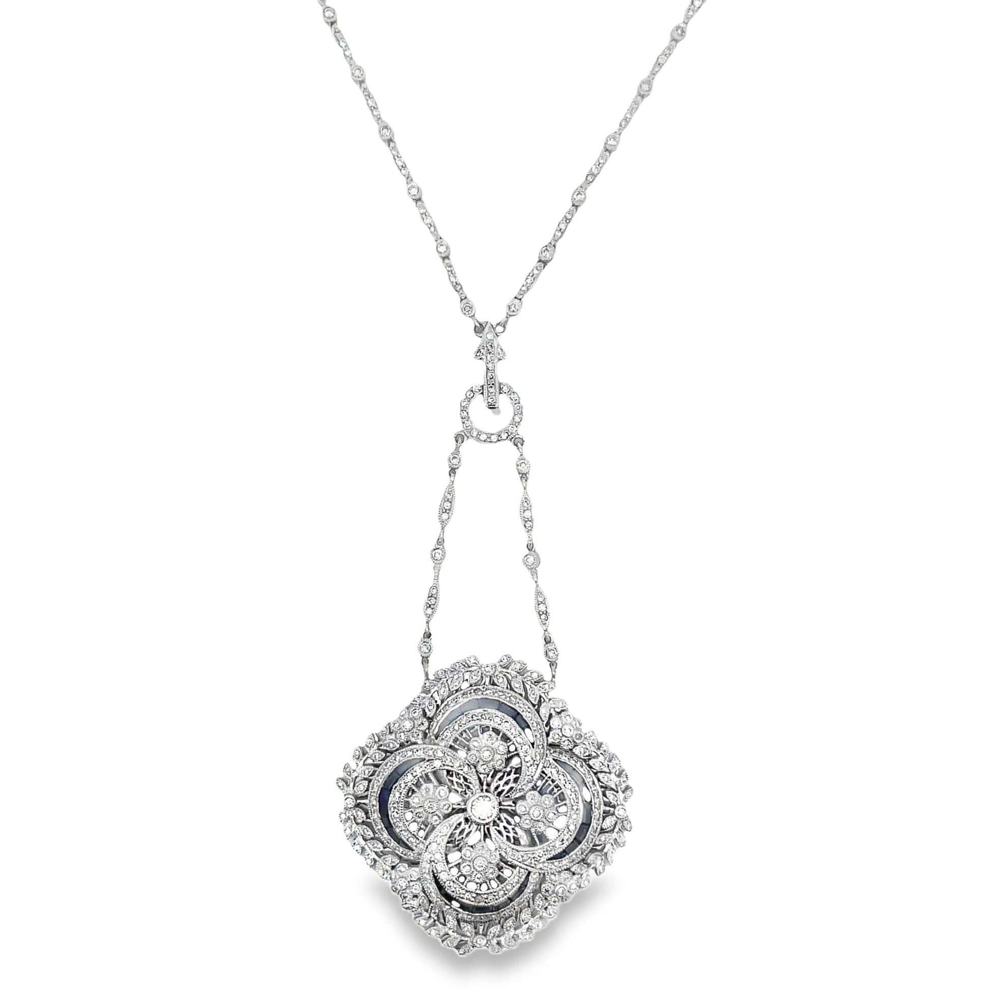 Front view of Estate 18k White Gold Victorian Style Diamond and Sapphire Necklace