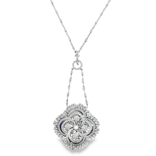 Front view of Estate 18k White Gold Victorian Style Diamond and Sapphire Necklace