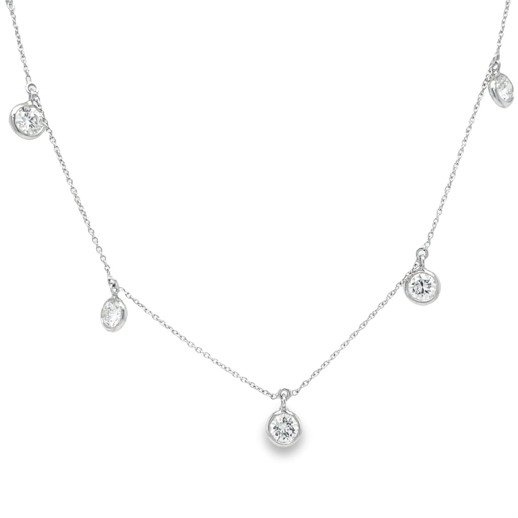 Showcase five luxurious rounds diamonds in F/G color on this elegant 18k white gold necklace. With 2.25 cts of diamonds, this breathtaking necklace will give you the perfect accessory for any special event.