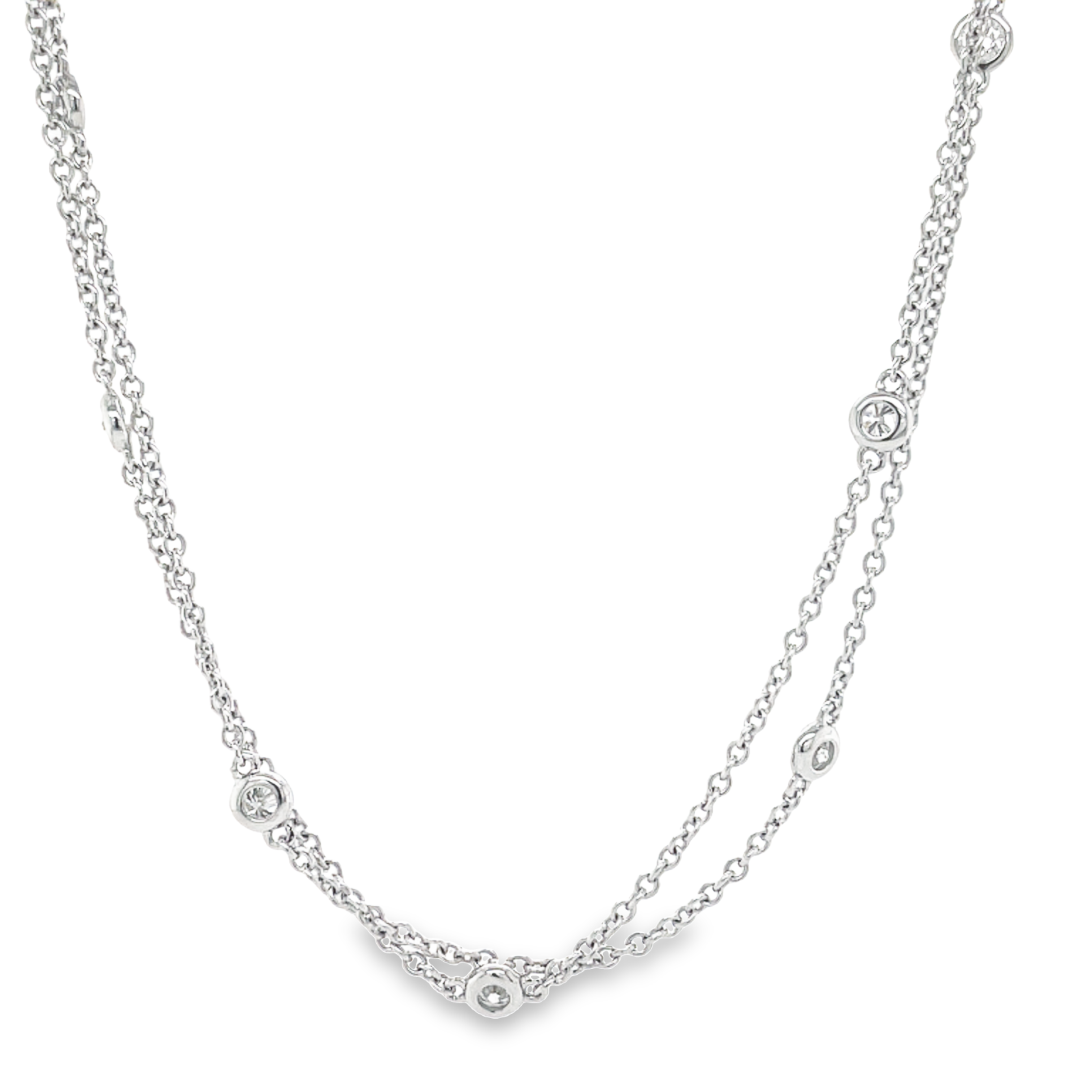 This beautiful 1.68 cts Diamonds By the Yard Double Chain Necklace features double charming diamond by the yard and 17 round diamonds for a total of 1.68 cts. The length is 19", perfect for a dressy or casual look. Quality craftsmanship ensures timeless elegance with every wear.