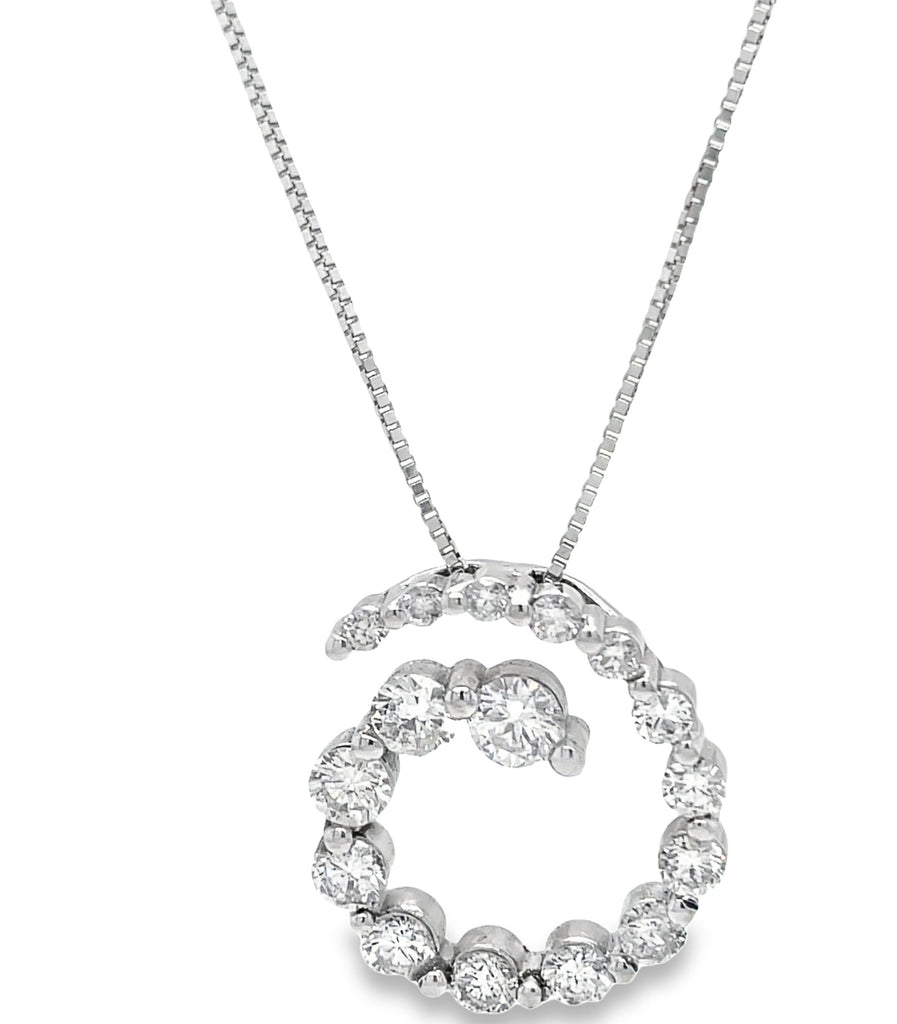 Elevate any outfit with our stunning Diamond Swirl Pendant, having a 1.08 ct round diamond set in 14k white gold. 18" box chain.  Make a statement with this exquisite 18.00 mm piece.