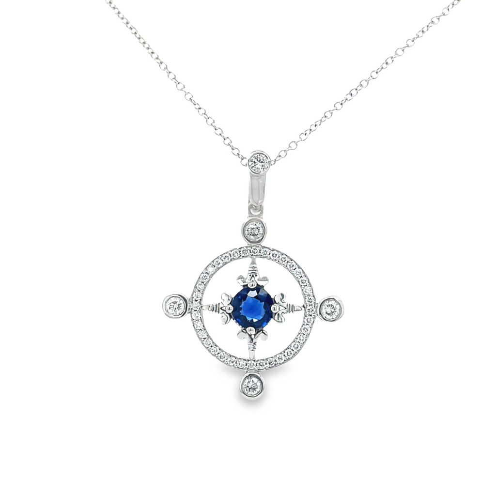 Make a statement with this sophisticated Diamond Sapphire Cardinal Point Pendant Necklace. Crafted from 14k white gold, it features a round faceted sapphire of 0.52 cts and four diamonds of 0.30 cts to symbolize the four cardinal points. A perfect blend of style and elegance.