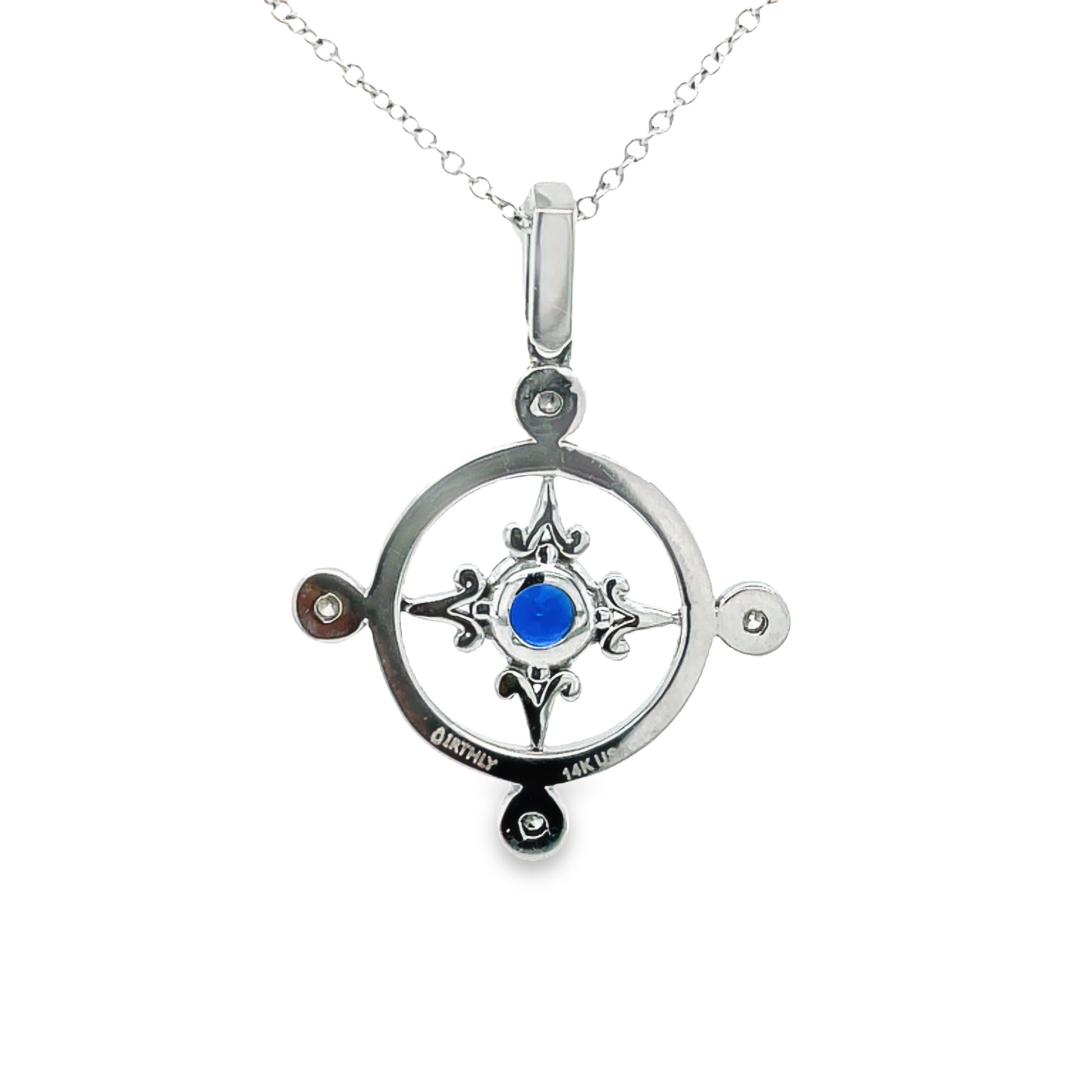 Back view of 14k White Gold Diamond Sapphire Cardinal Point Pendant Necklace