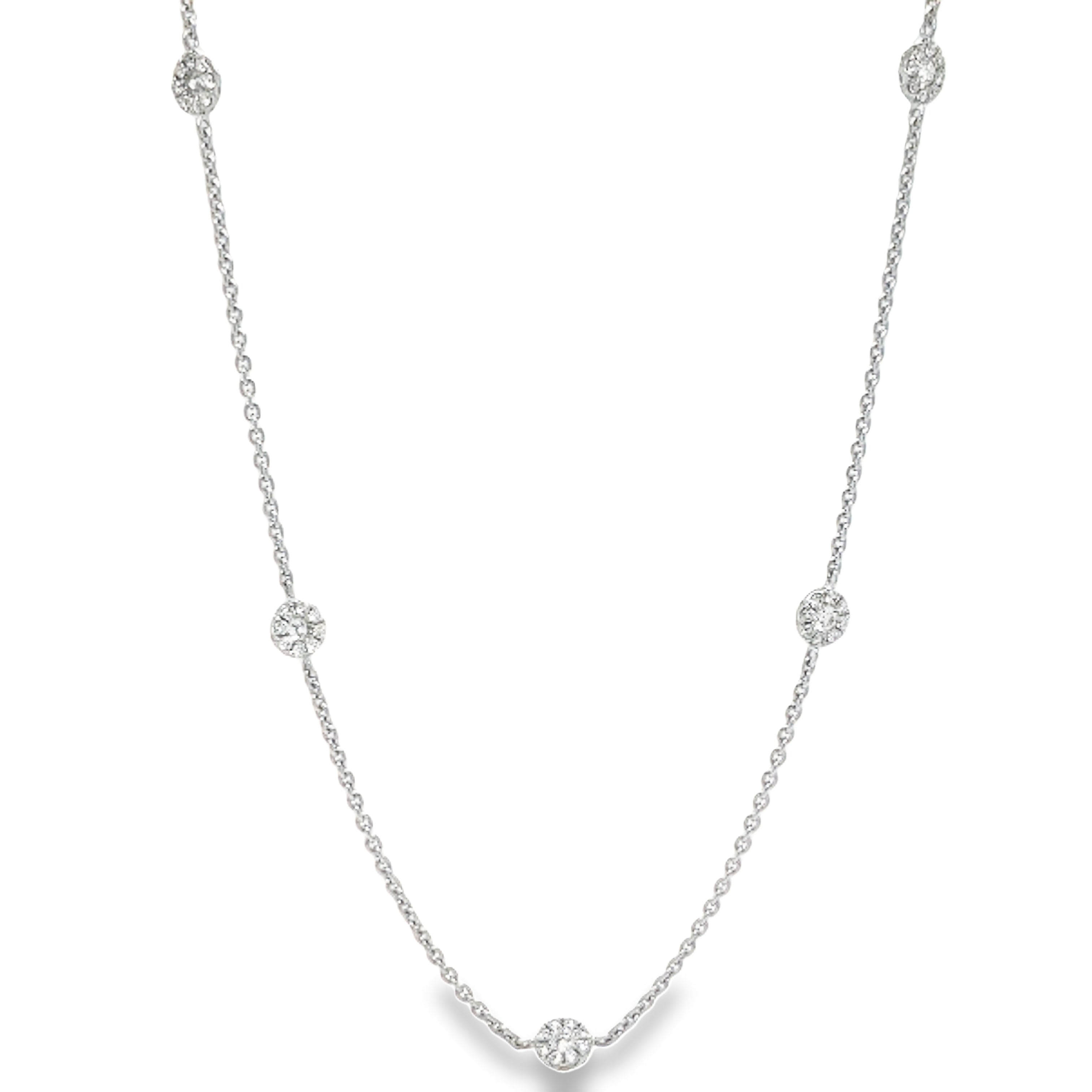 Shimmer and shine with our Diamond Rondelle Necklace! This stunning piece features 0.74 cts of sparkling diamonds, all set in 5 beautiful 18k white gold halo. The 18" chain adds a touch of elegance to complete this luxurious look. Make a statement of luxury and sophistication with this necklace