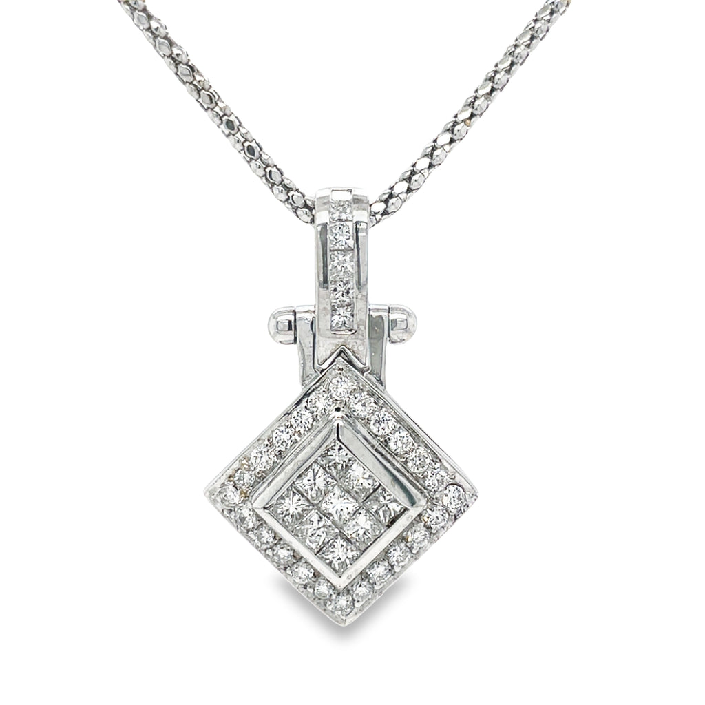 Elevate any outfit with our exquisite 18k Princess Cut Diamond Rhombus Pendant Necklace! Crafted in stunning 18k white gold, this necklace features 1.20 carats of sparkling princess cut diamonds in a unique rhombus shape. Secured with a lever system, this necklace will add elegance and sophistication to any look. Shop now and feel luxurious!