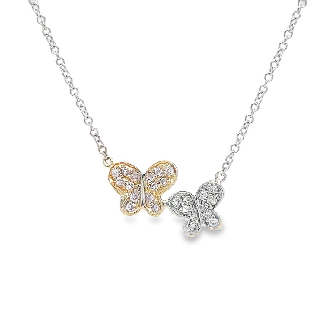 This exquisite Diamond Double Butterfly Rose & white Gold Necklace showcases your timeless style. Crafted with 14k rose & white gold, the necklace features a double butterfly pendant with 0.25 cts of brilliant diamond accents. The secure lobster clasp and delicate 16" chain add to its charm. Make a statement with this unique piece!