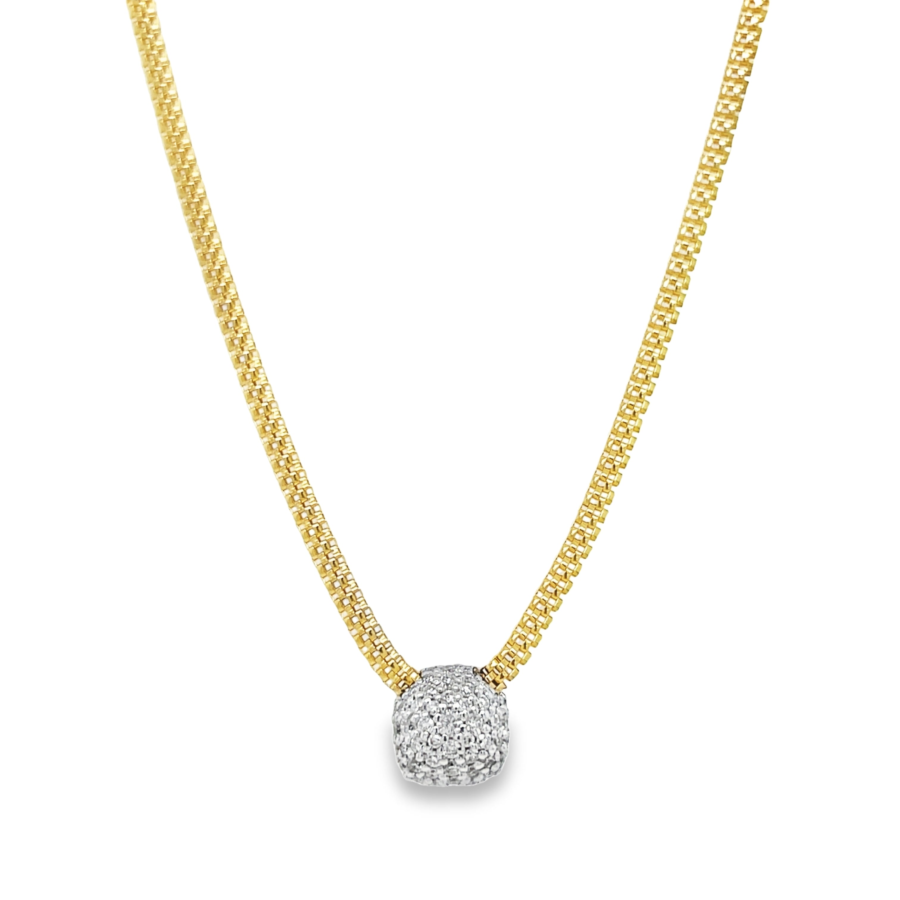 Experience luxury with our 18k Italian Yellow Gold Mesh Style Diamond Pave Solitaire Necklace. This exquisite piece features a sparkly diamond pave pendant on a trendy mesh chain. With a secure lobster clasp, it is 18" long for a perfect fit. Elevate any outfit with this stunning necklace!
