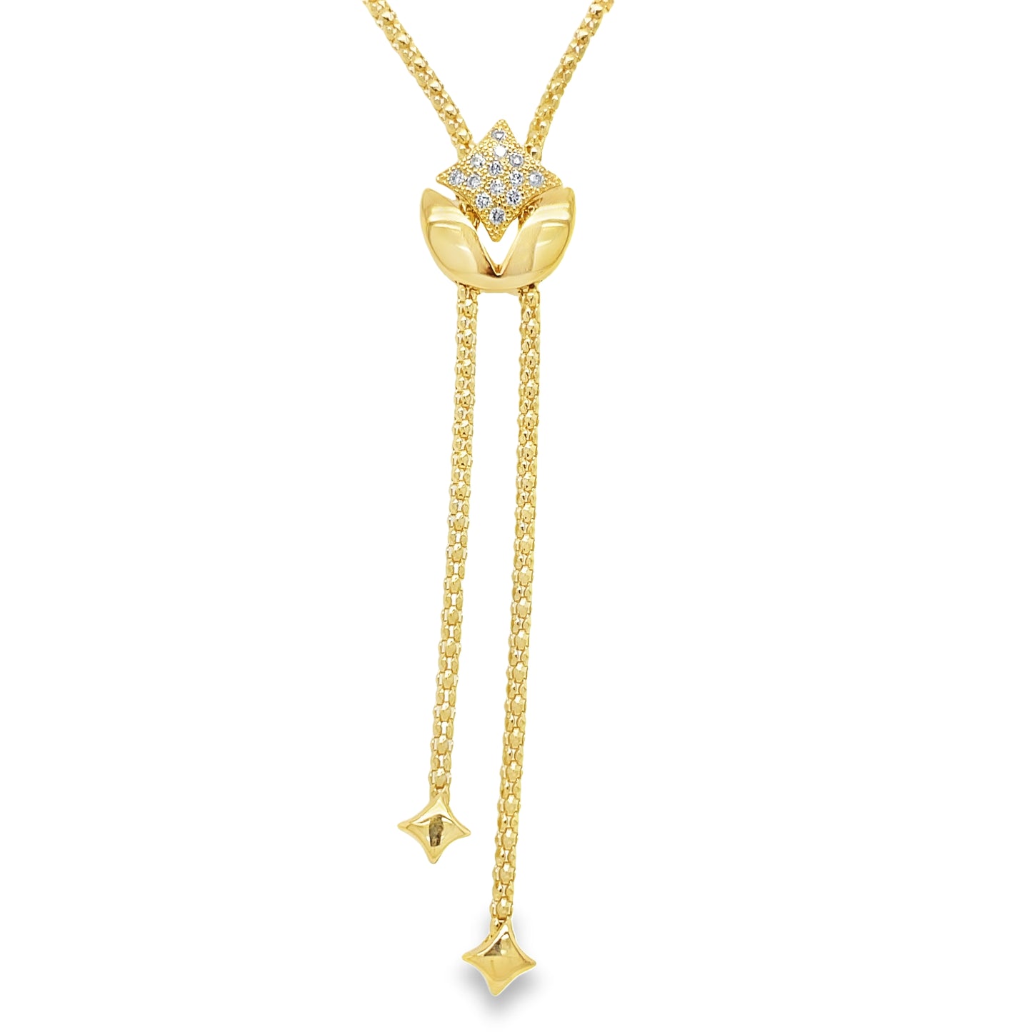 Diamond Star Mesh Style Yellow Gold Italian Lariat Necklace Front view 