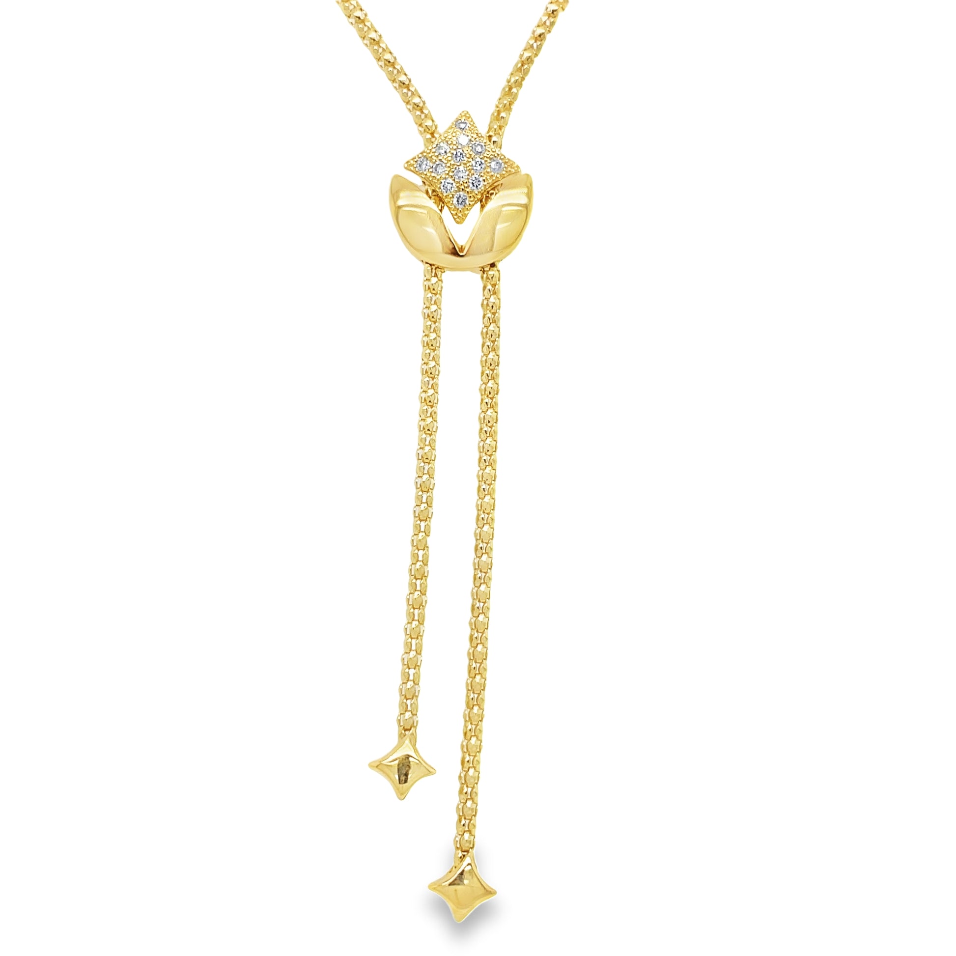 Diamond Star Mesh Style Yellow Gold Italian Lariat Necklace Front view 