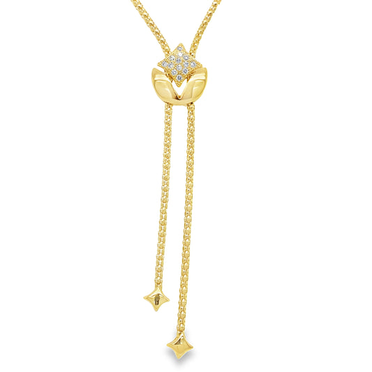 Diamond Star Mesh Style Yellow Gold Italian Lariat Necklace Front view 