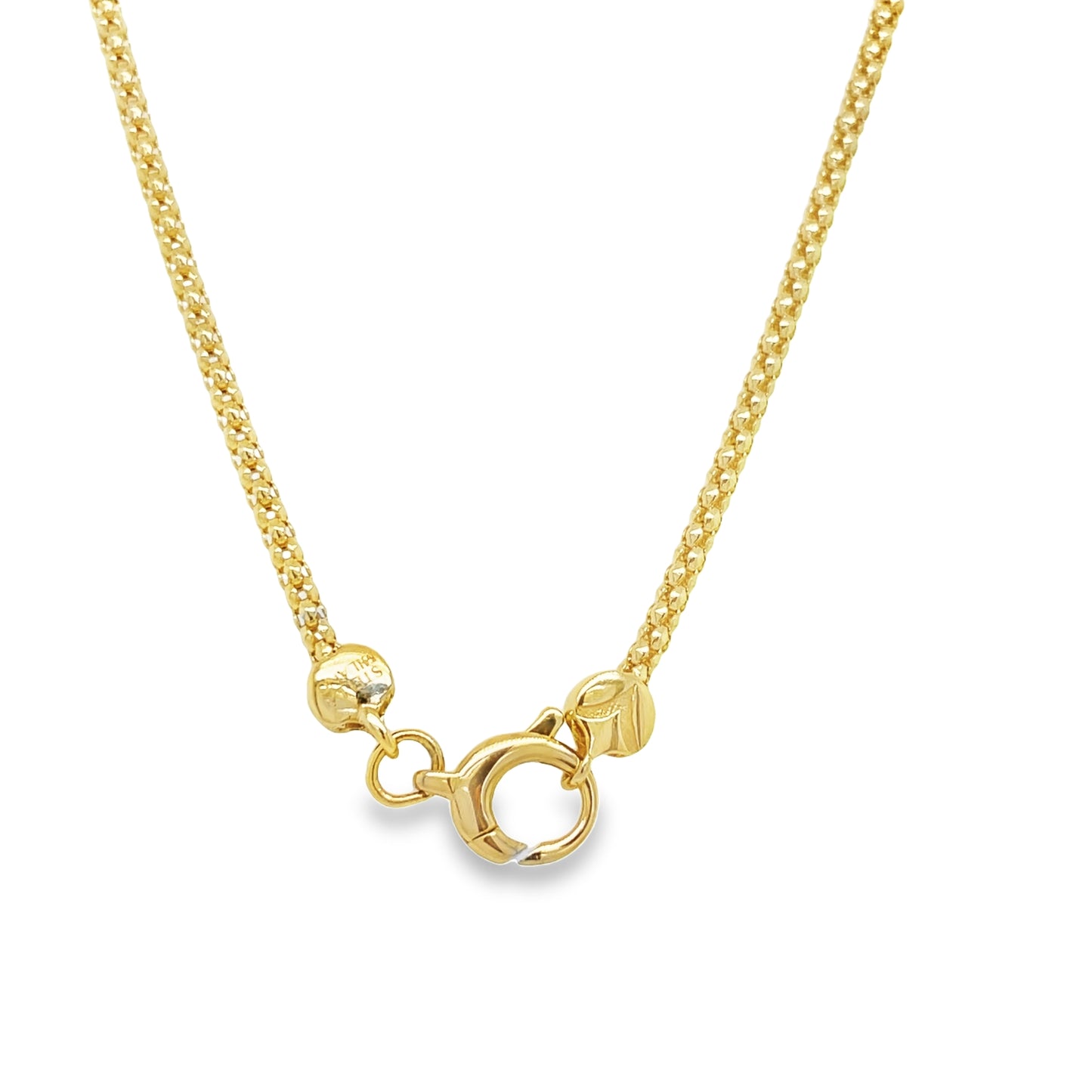 Diamond Ball & Yellow Gold Sphere Mesh Necklace Top view clasp fastened