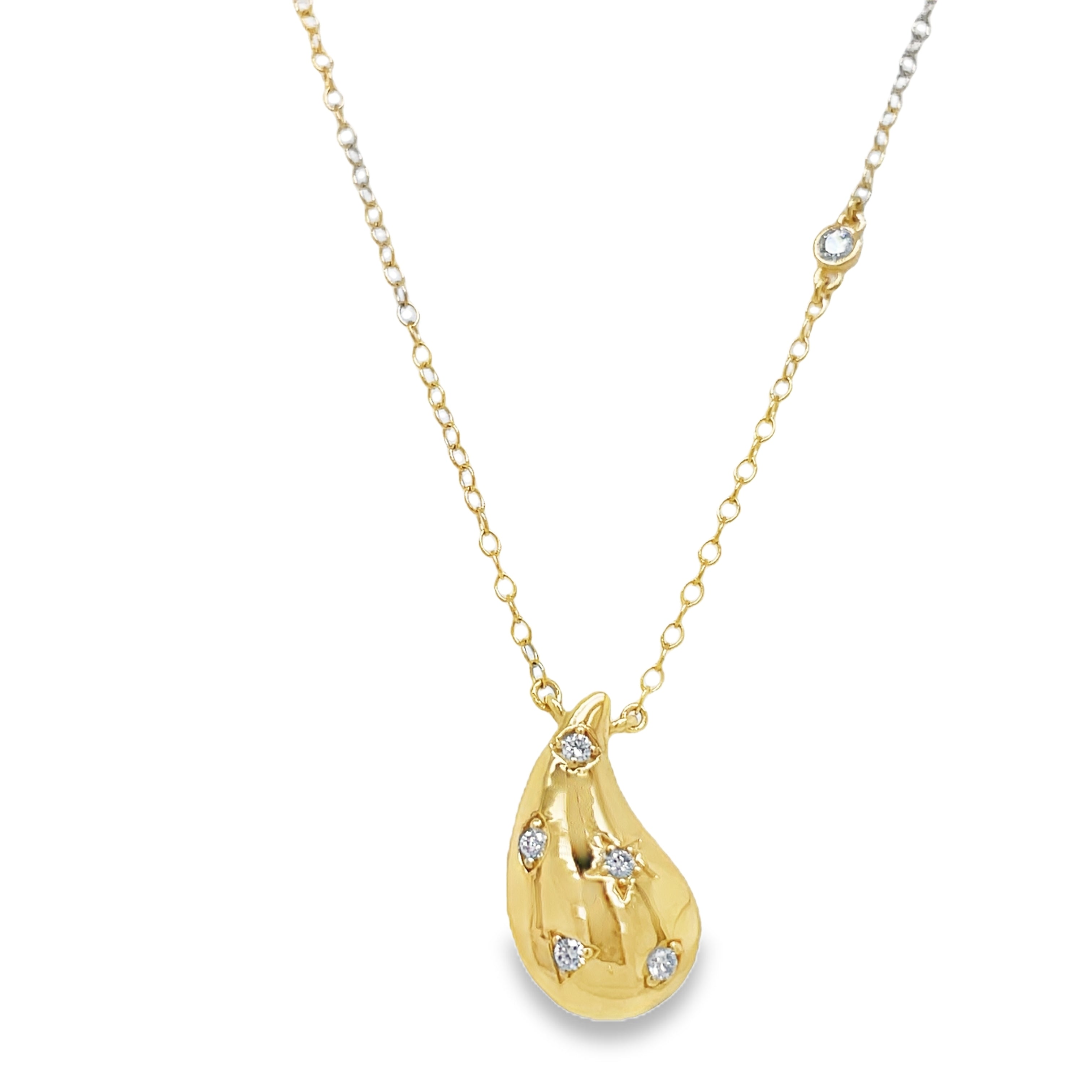 ndulge in luxury with our 14k Yellow Gold Puffy Diamond Tear Shape Pendant Necklace. Crafted with 14k yellow gold and adorned with dazzling round diamonds (0.10 cts), this tear drop shaped pendant is elegantly sized at 15.00 mm. Complete your look with the included 18" chain. Elevate your style with this exclusive piece. Having a round diamond on the chain