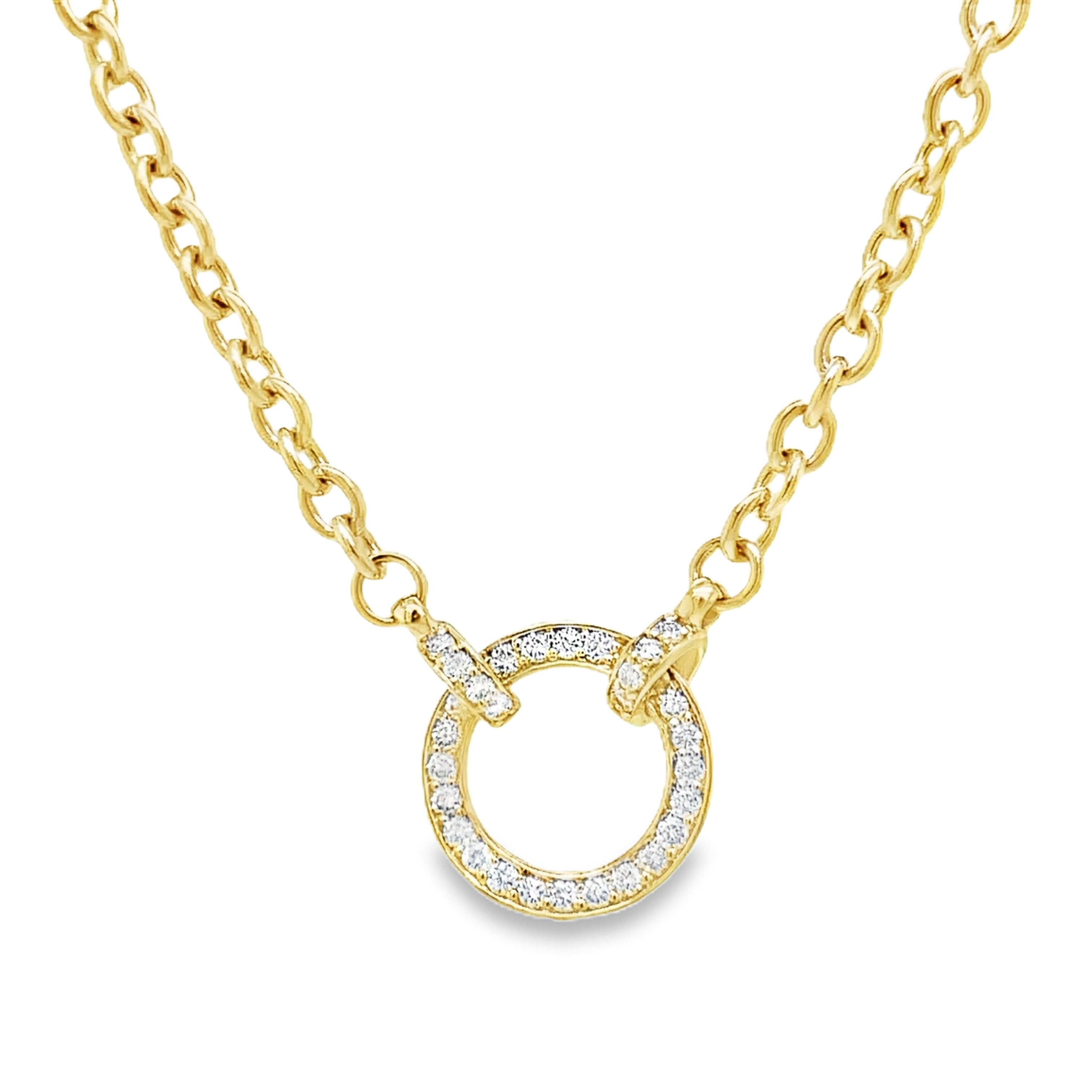 Wrap yourself in luxury with our exquisite Diamond Circle Yellow Gold Necklace. The delicate cable chain, 18" long, features a secure lobster clasp and a dazzling diamond circle, adorned with round diamonds totaling 0.31 carats. Elevate any outfit and make a statement with this timeless piece of fine jewelry.