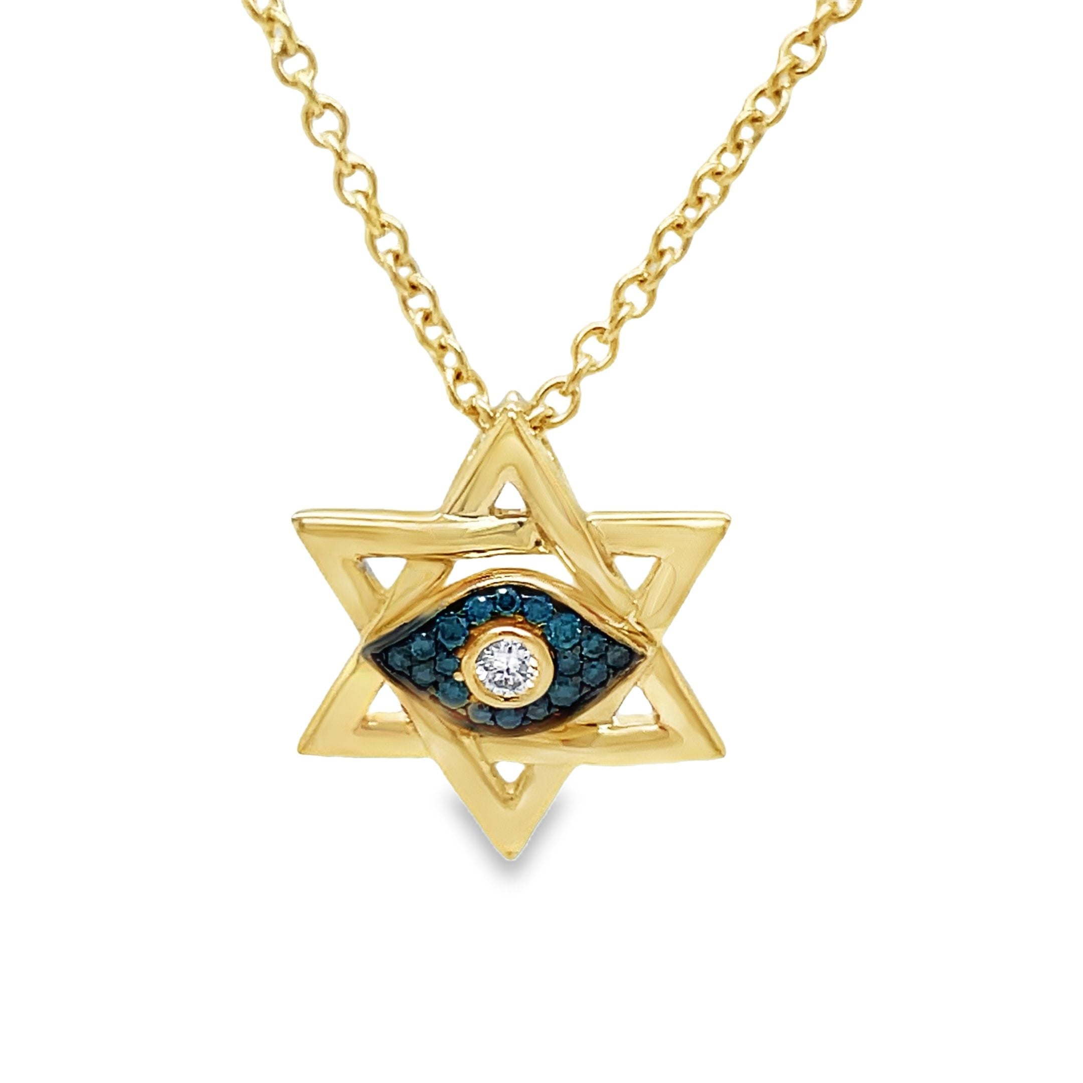 Discover the beauty of our 14k Diamond Star of David Necklace. Handcrafted with 15.00 mm of 14k yellow gold and adorned with round and blue diamond's totaling 0.16 cts. The 18" long chain features a secure lobster clasp with a sizing loop at 16", ensuring a perfect fit. Elevate your style and embrace luxury with this exclusive piece.