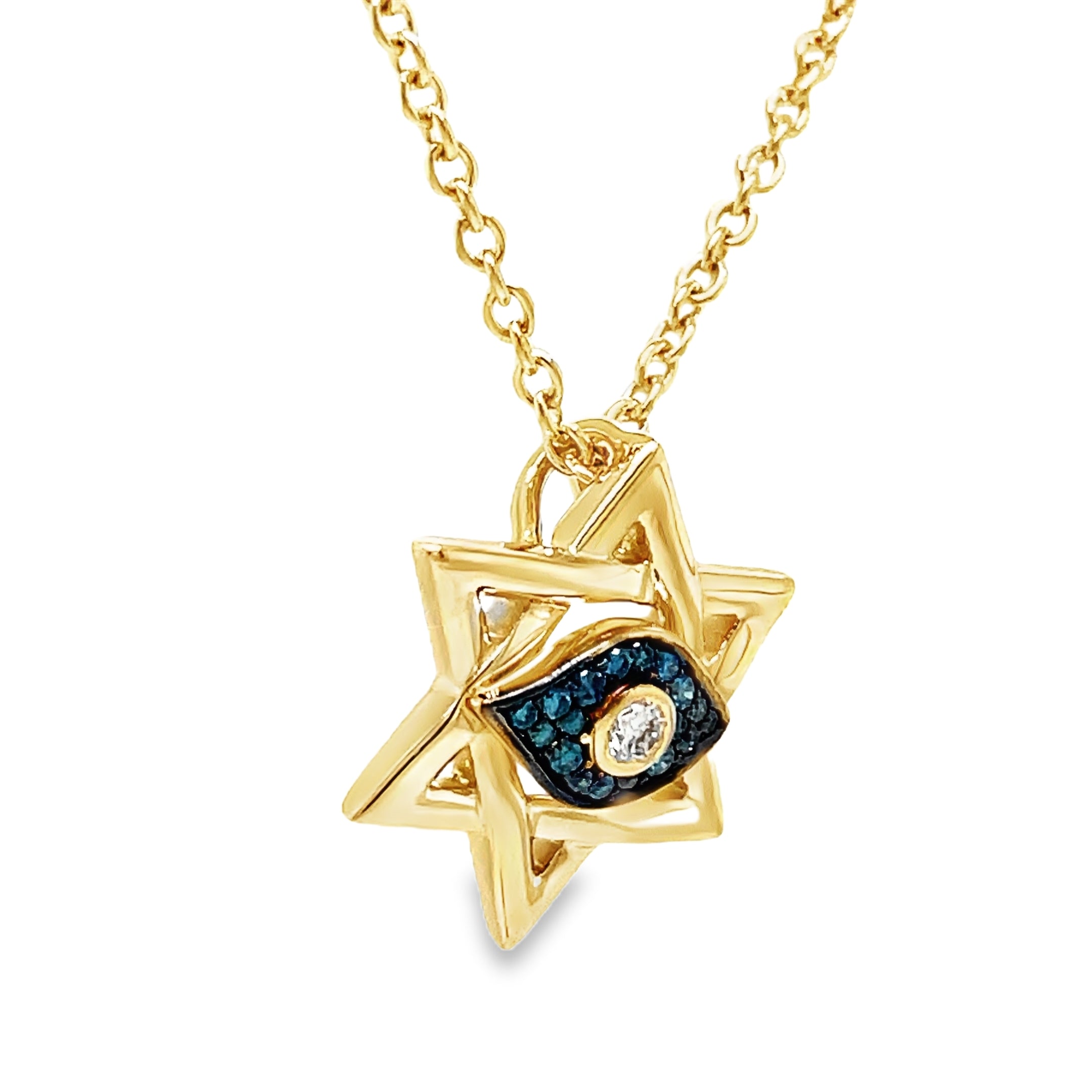 Discover the beauty of our 14k Diamond Star of David Necklace. Handcrafted with 15.00 mm of 14k yellow gold and adorned with round and blue diamond's totaling 0.16 cts. The 18" long chain features a secure lobster clasp with a sizing loop at 16", ensuring a perfect fit. Elevate your style and embrace luxury with this exclusive piece.