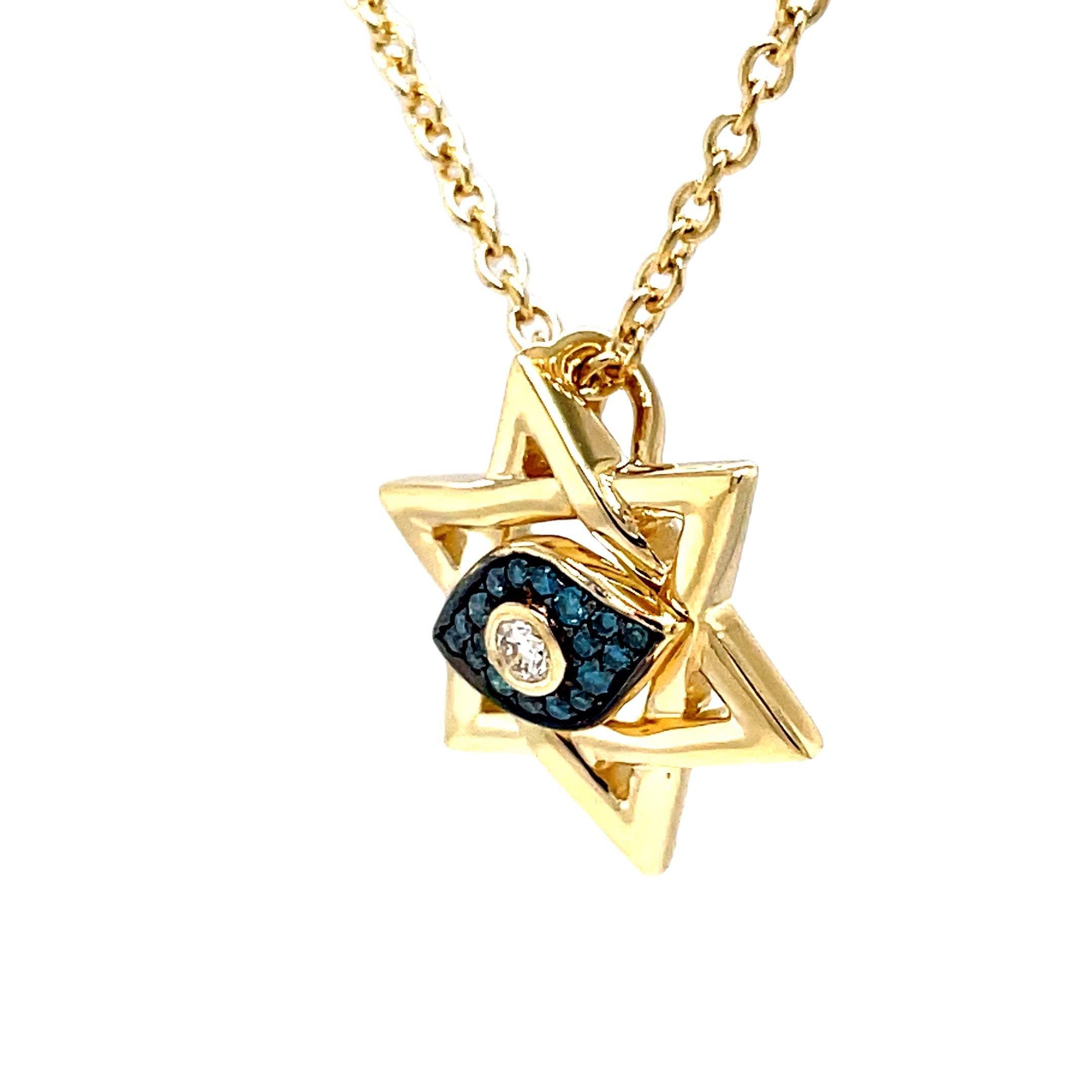 Discover the beauty of our 14k Diamond Star of David Necklace. Handcrafted with 15.00 mm of 14k yellow gold and adorned with round and blue diamond's totaling 0.16 cts. The 18" long chain features a secure lobster clasp with a sizing loop at 16", ensuring a perfect fit. Elevate your style and embrace luxury with this exclusive piece.