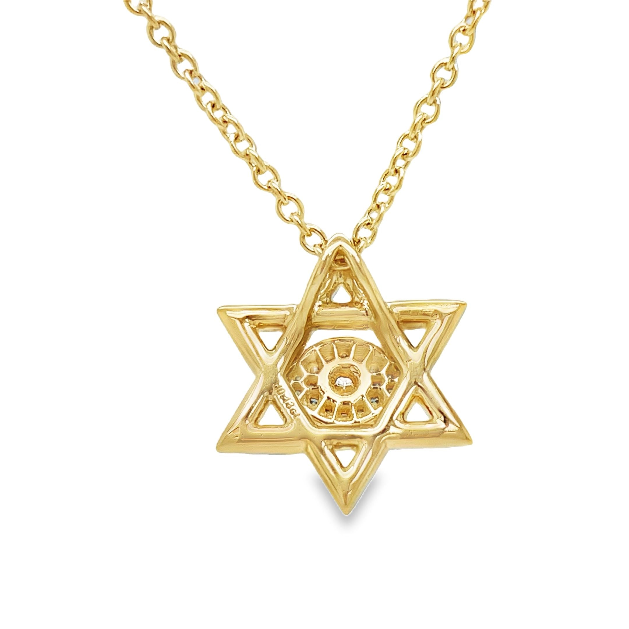 Discover the beauty of our 14k Diamond Star of David Necklace. Handcrafted with 15.00 mm of 14k yellow gold and adorned with round and blue diamond's totaling 0.16 cts. The 18" long chain features a secure lobster clasp with a sizing loop at 16", ensuring a perfect fit. Elevate your style and embrace luxury with this exclusive piece.