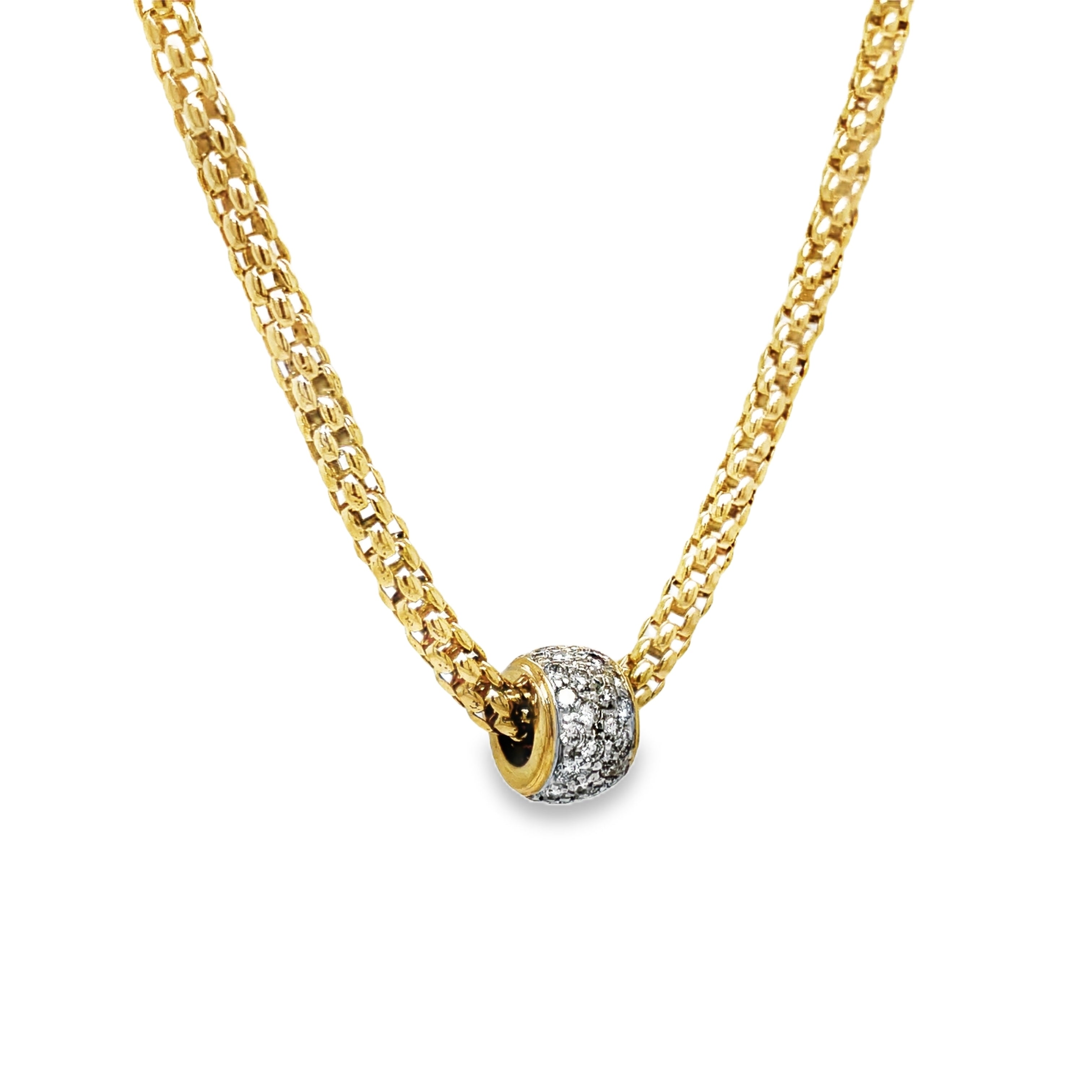 ndulge in elegant luxury with our Yellow Gold Diamond Slide Pendant Necklace. Crafted from 14k yellow gold, this necklace features a stunning diamond pave set slide on a 17" popcorn link chain. The secure lobster clasp ensures a worry-free wear, making it the perfect addition to your sophisticated jewelry collection.