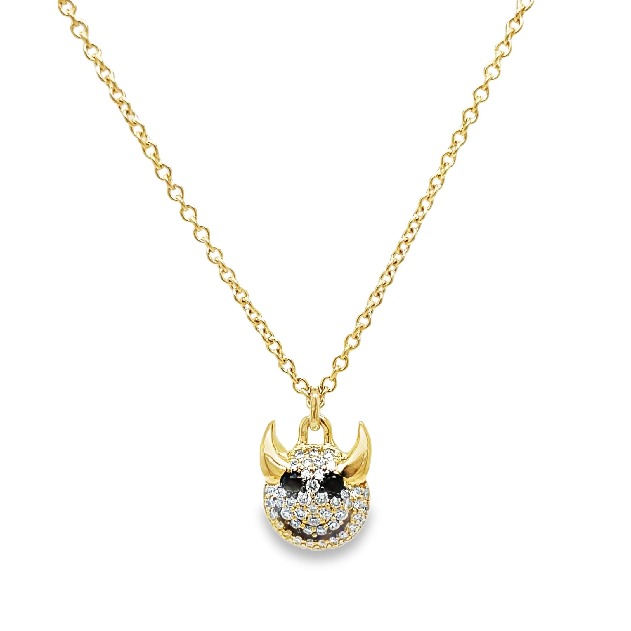 levate your style with our 14K Yellow Gold Black Diamond Little Devil Charm Pendant. This exclusive piece features a devil charm made of 14k yellow gold and encrusted with 0.29 cts of round diamonds. The deluxe diamond lobster clasp makes it easy to wear and adds a touch of luxury to any outfit.