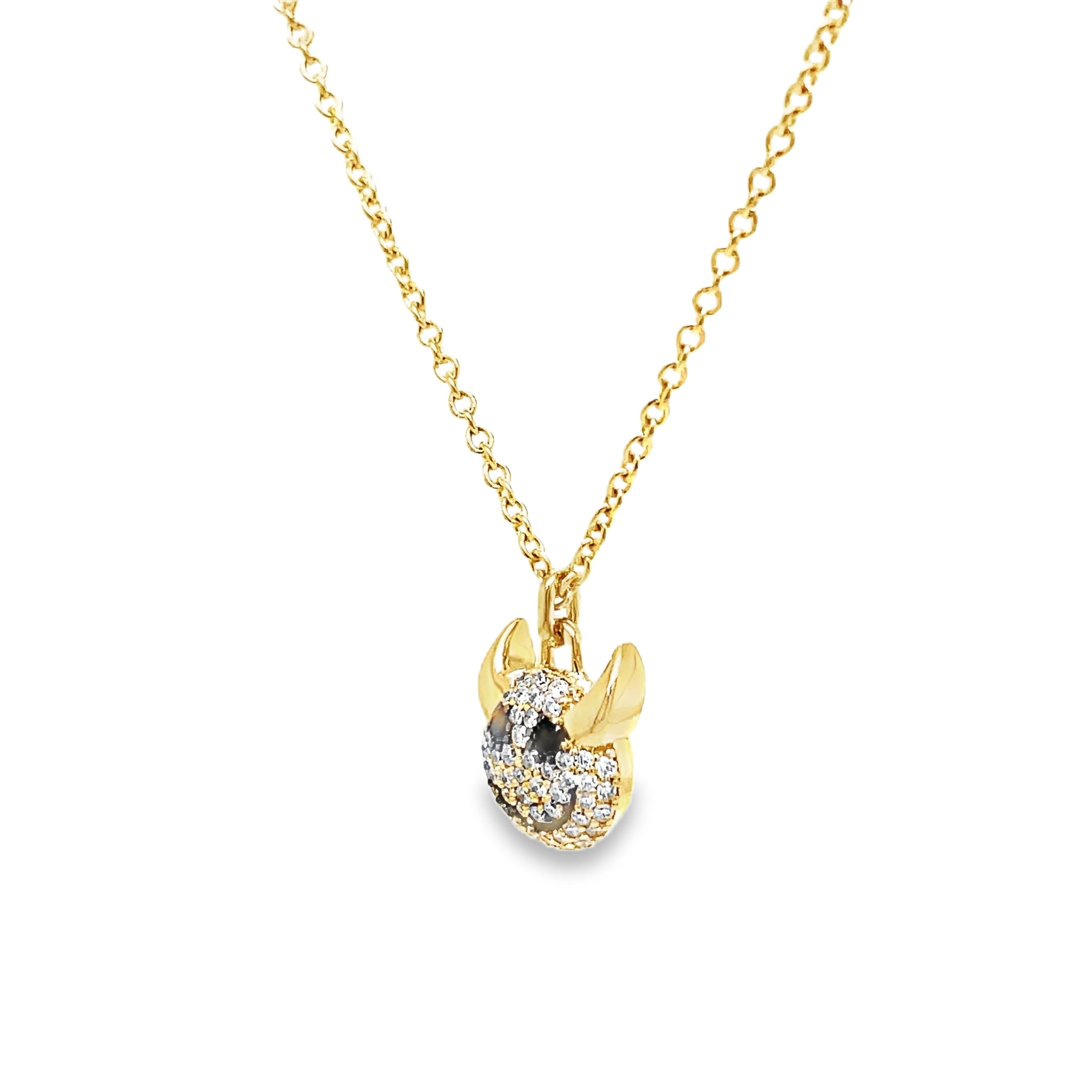 levate your style with our 14K Yellow Gold Black Diamond Little Devil Charm Pendant. This exclusive piece features a devil charm made of 14k yellow gold and encrusted with 0.29 cts of round diamonds. The deluxe diamond lobster clasp makes it easy to wear and adds a touch of luxury to any outfit.